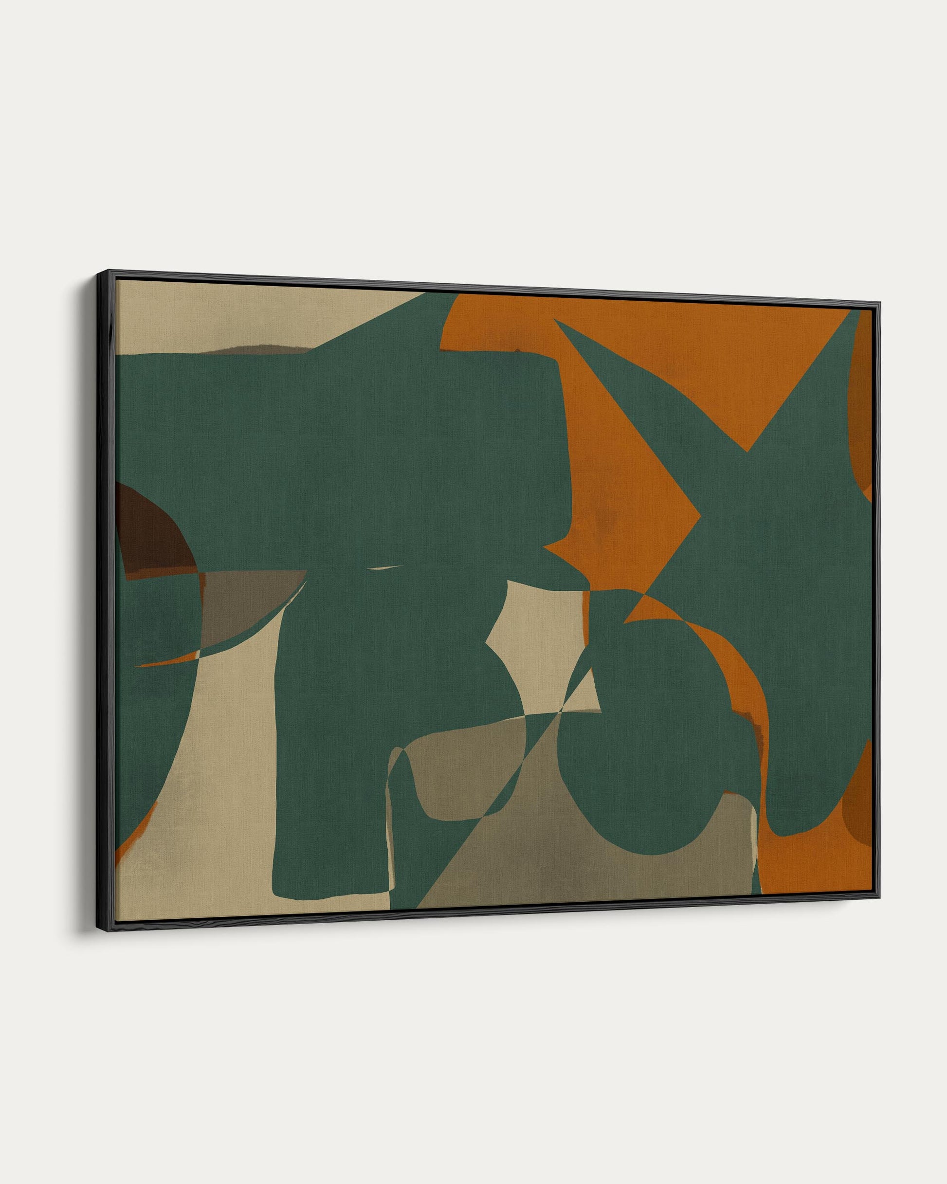 Abstract art piece with geometric shapes in green, orange, and beige on a white background