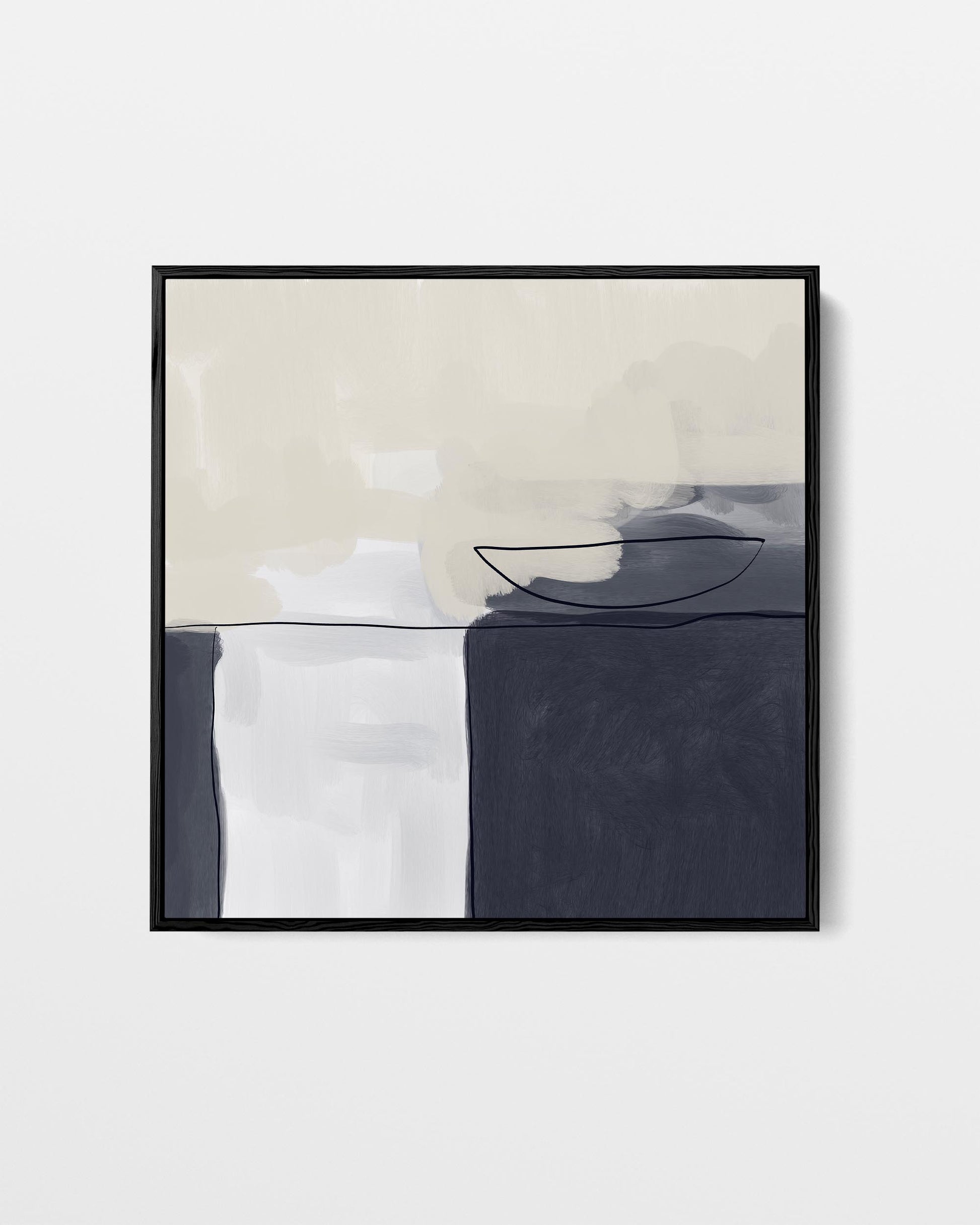 Abstract art print with black, white, and gray colors on a light gray background