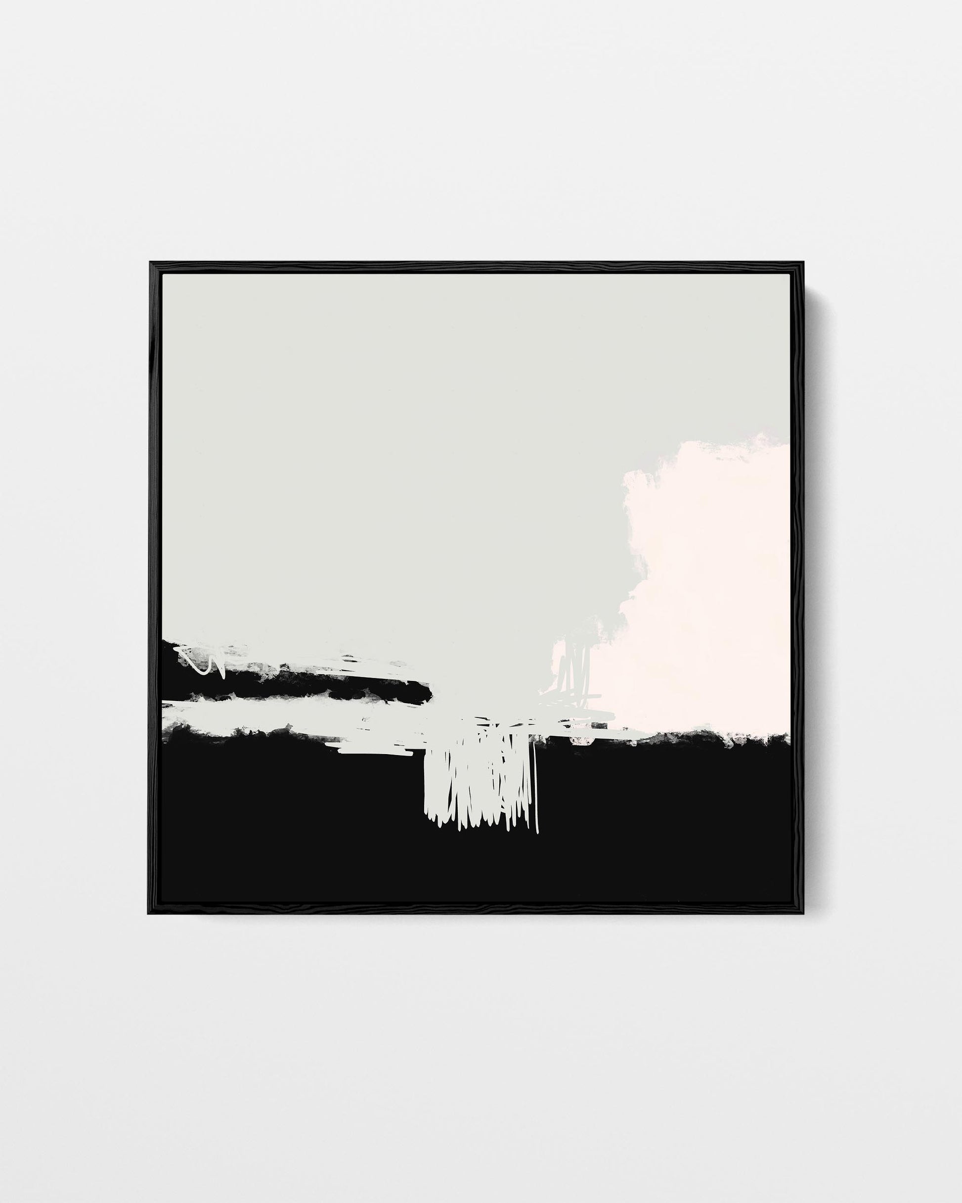 Framed abstract art with black, white, and gray brush strokes on a light gray background