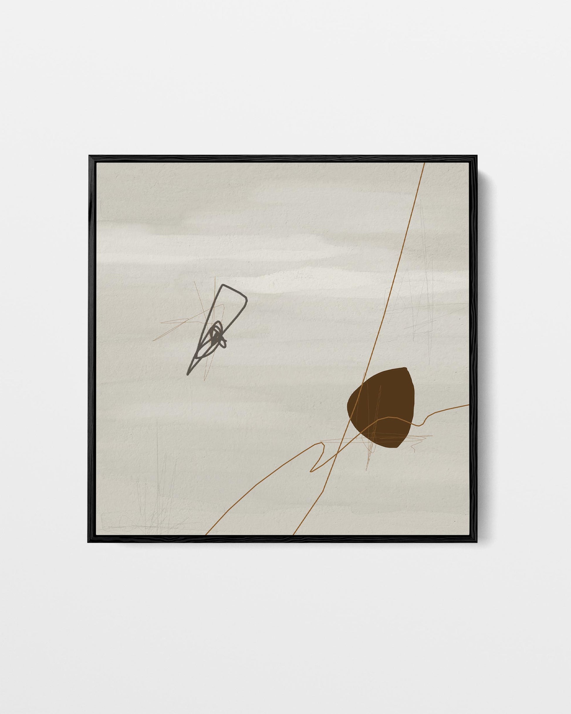 Framed abstract artwork with lines and shapes on a beige background