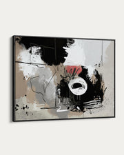 Abstract art painting with black, white, and beige colors on a white background