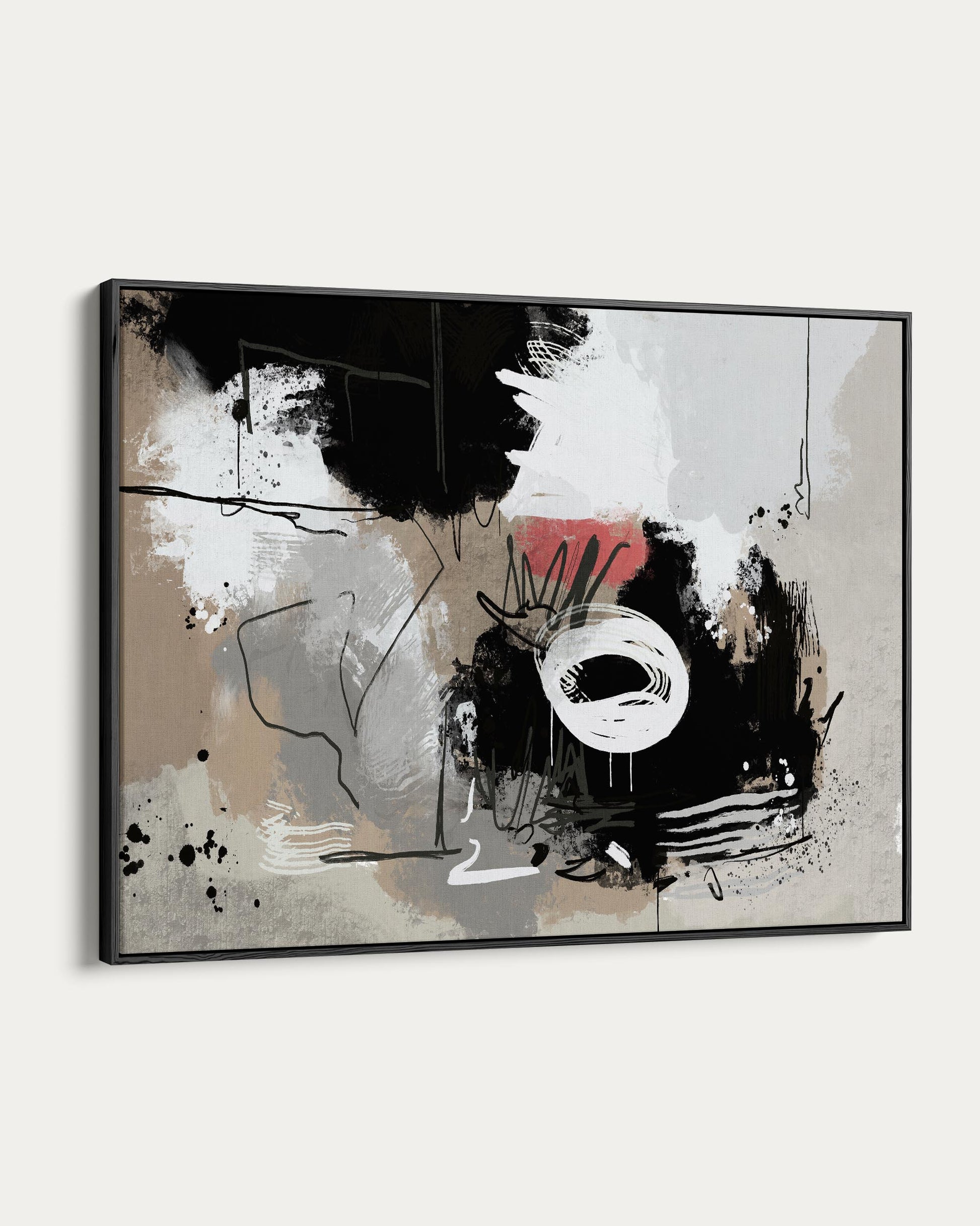 Abstract art painting with black, white, and beige colors on a white background