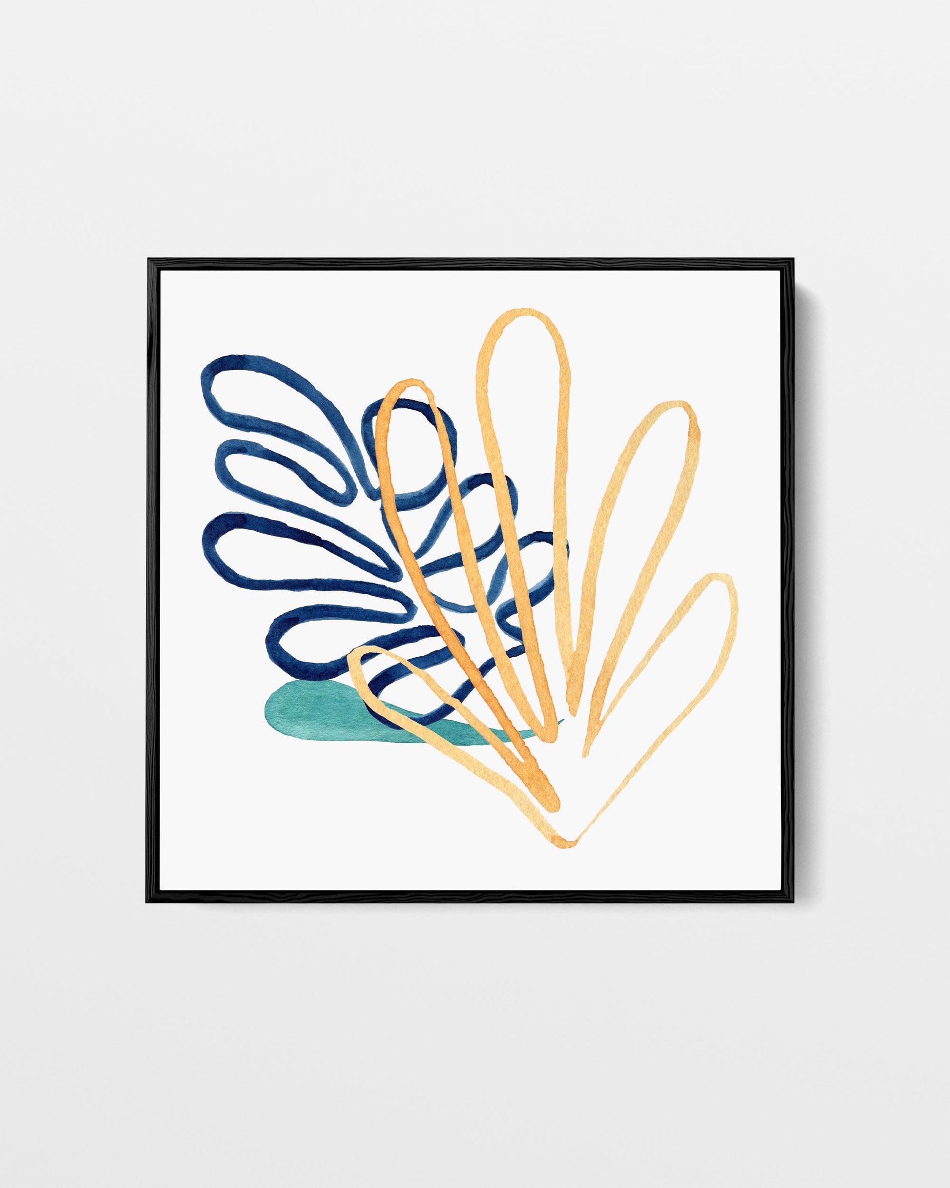 Framed abstract art print with blue and orange shapes on a white background