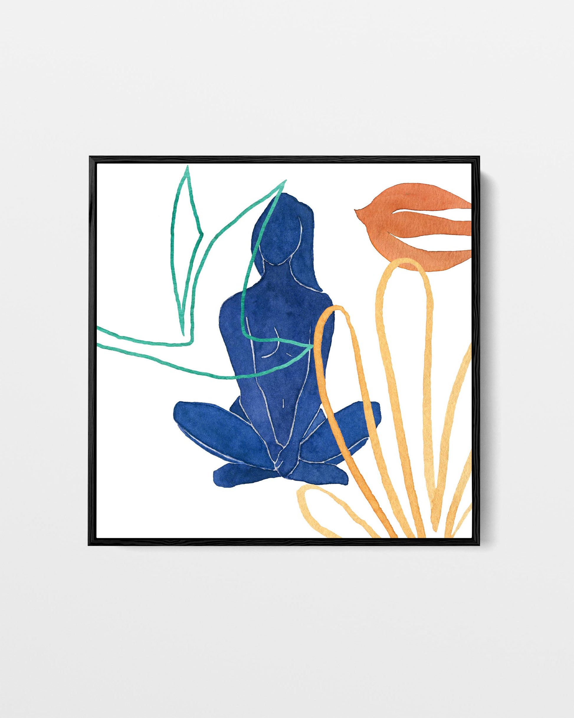 Framed artwork of a blue abstract figure with green and orange elements on a white background