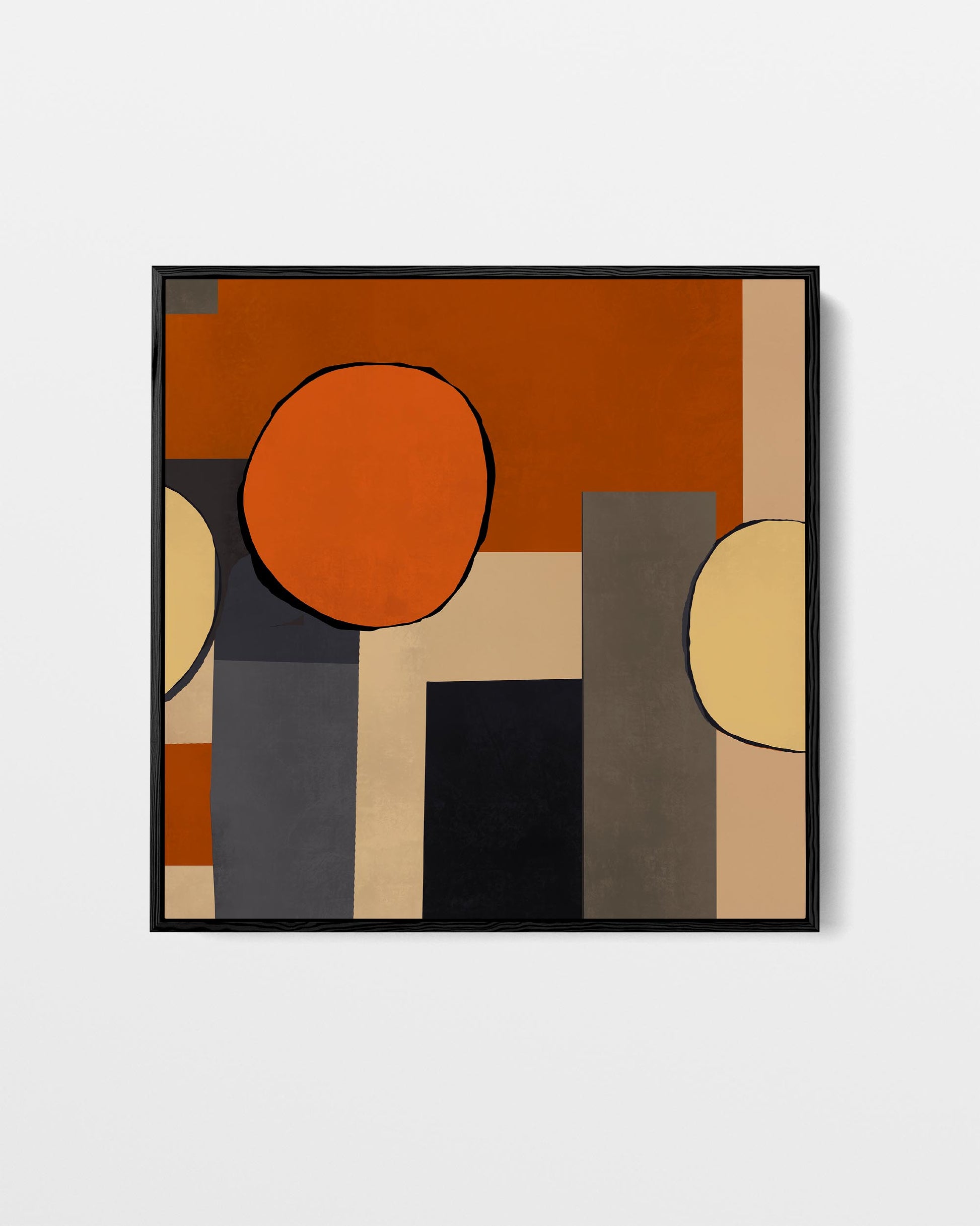 Abstract geometric art piece with circular and rectangular shapes on a white background