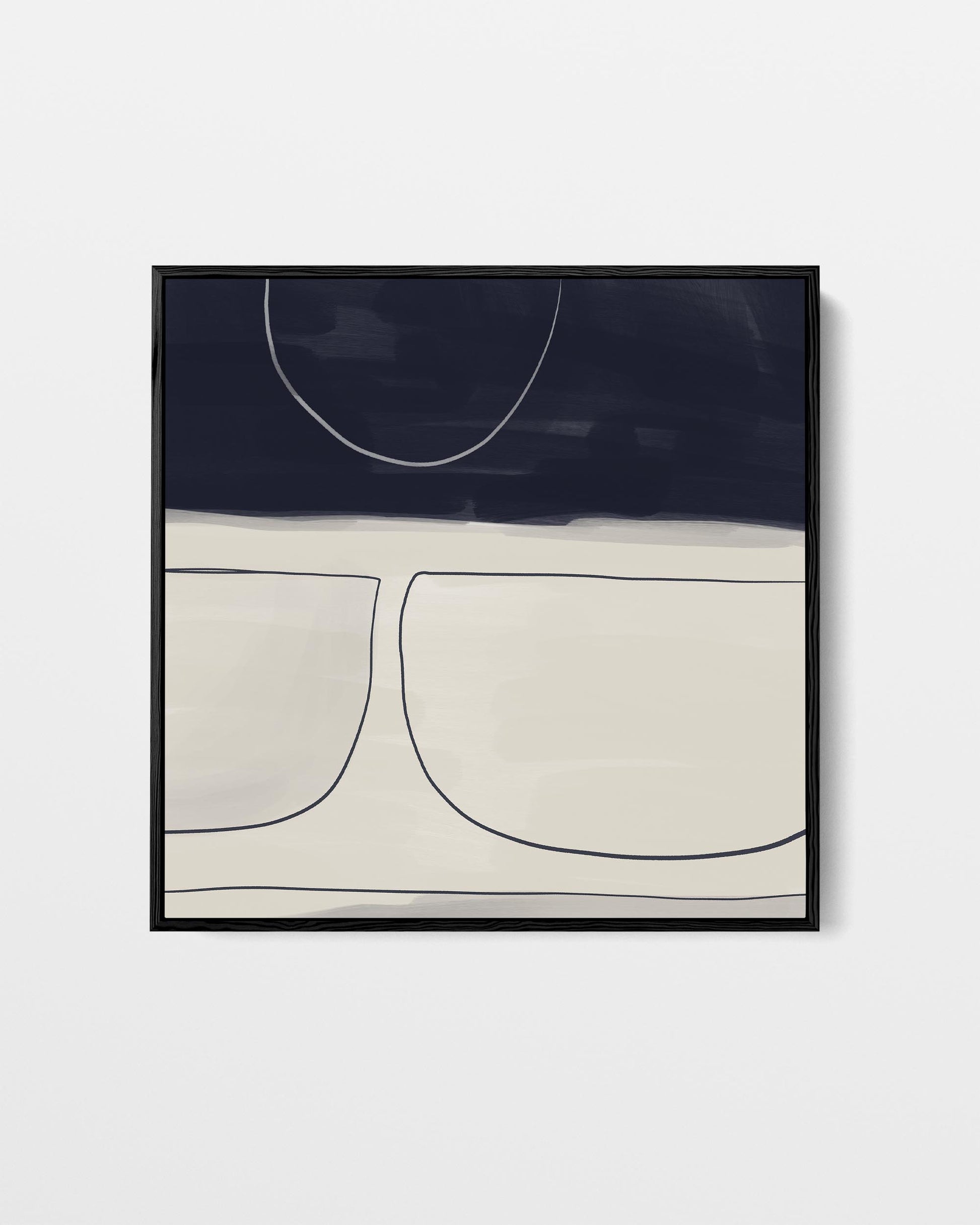 Framed abstract art with geometric shapes on a white background