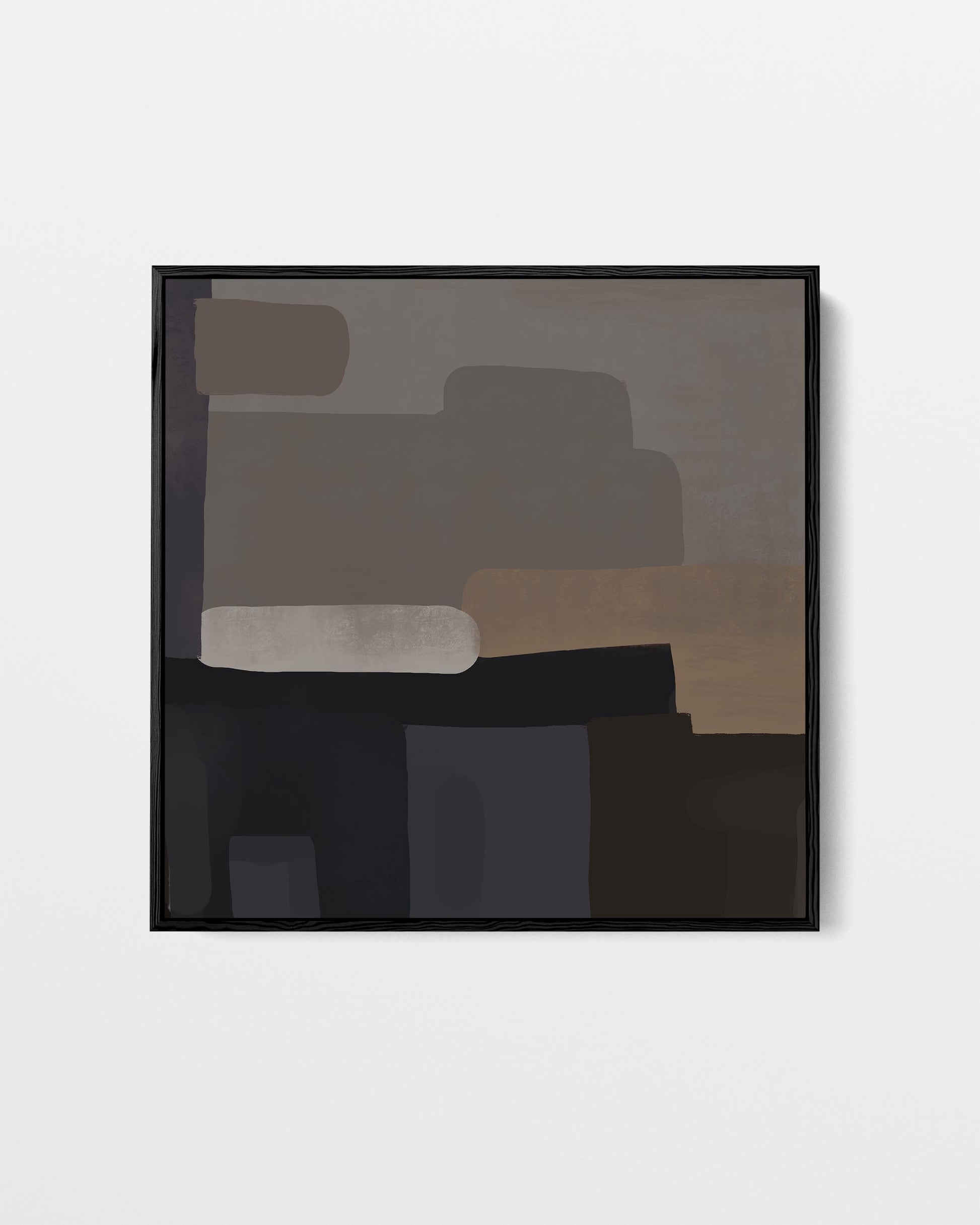 Abstract art print with geometric shapes in black, brown, and gray on a white background