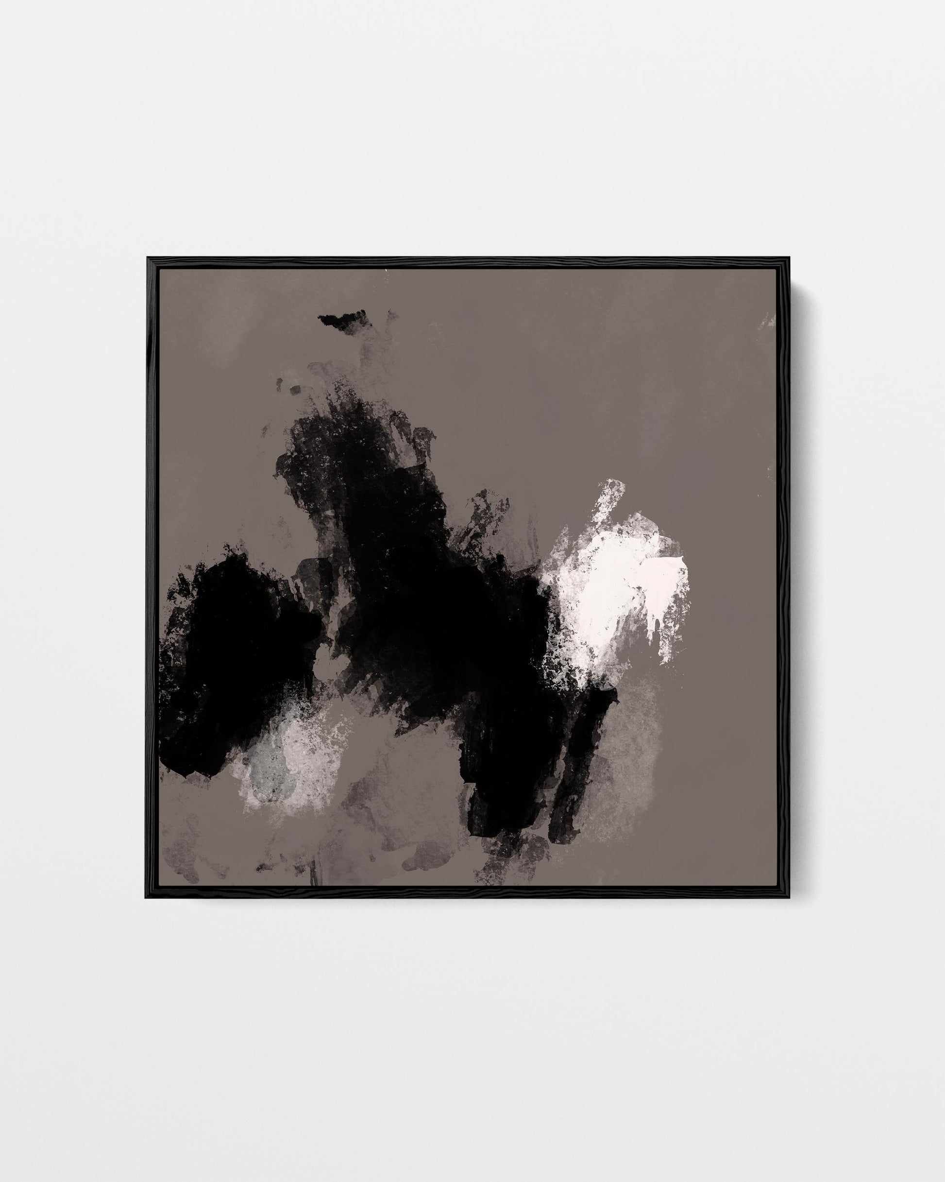 Abstract art print with black and white abstract shapes on a gray background, framed.