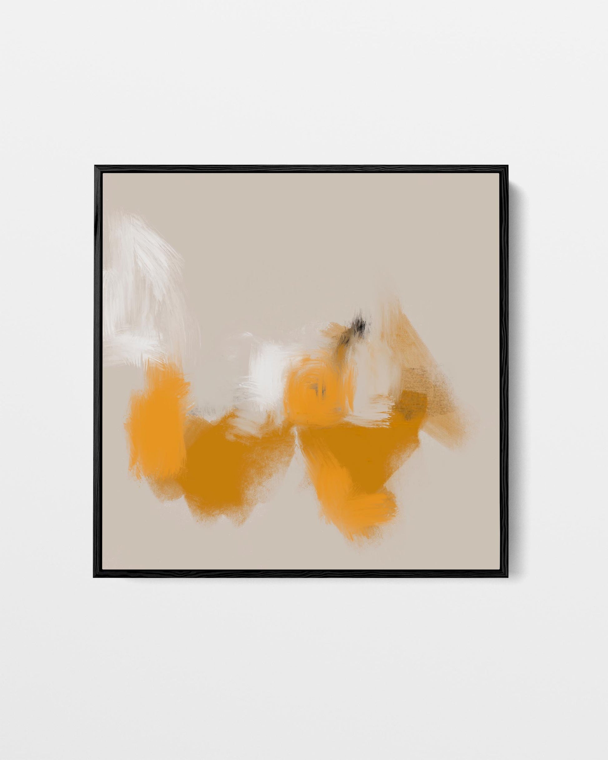 Abstract art piece with orange and white colors in a black frame on a light gray background