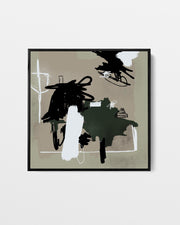 Abstract art print with black and white brush strokes on a beige background