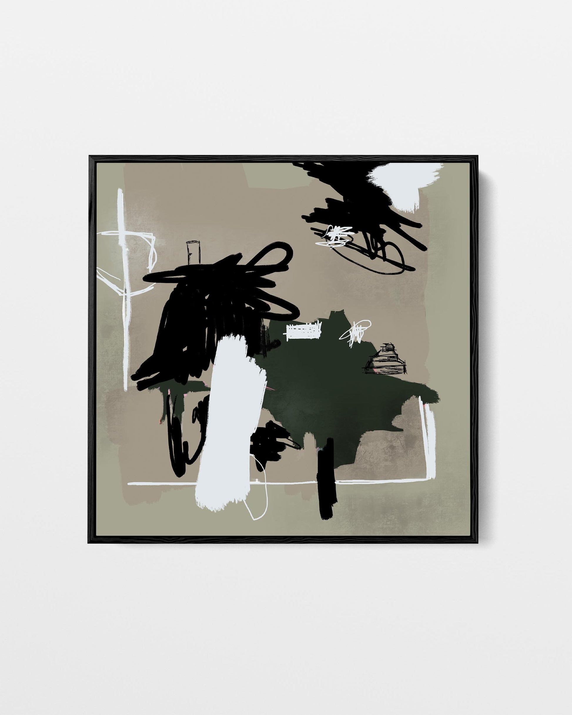 Abstract art print with black and white brush strokes on a beige background