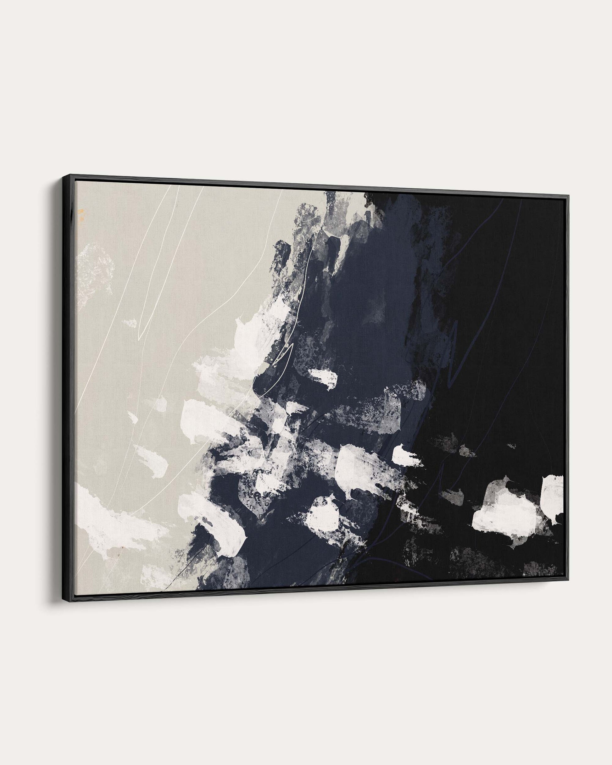 Abstract art piece with black, white, and gray colors on a white background