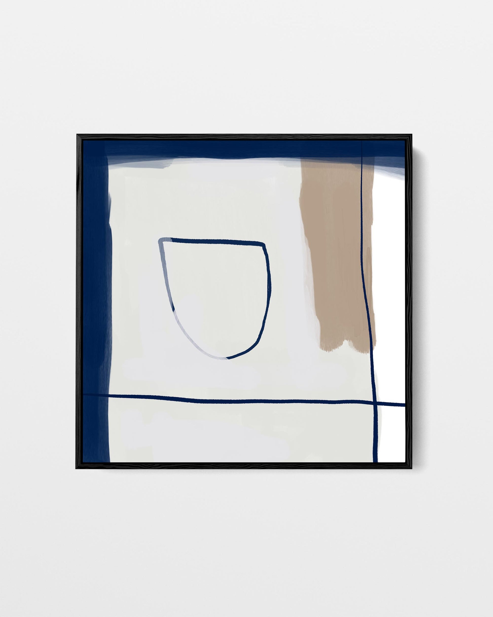 Framed abstract artwork with blue and brown elements on a white background