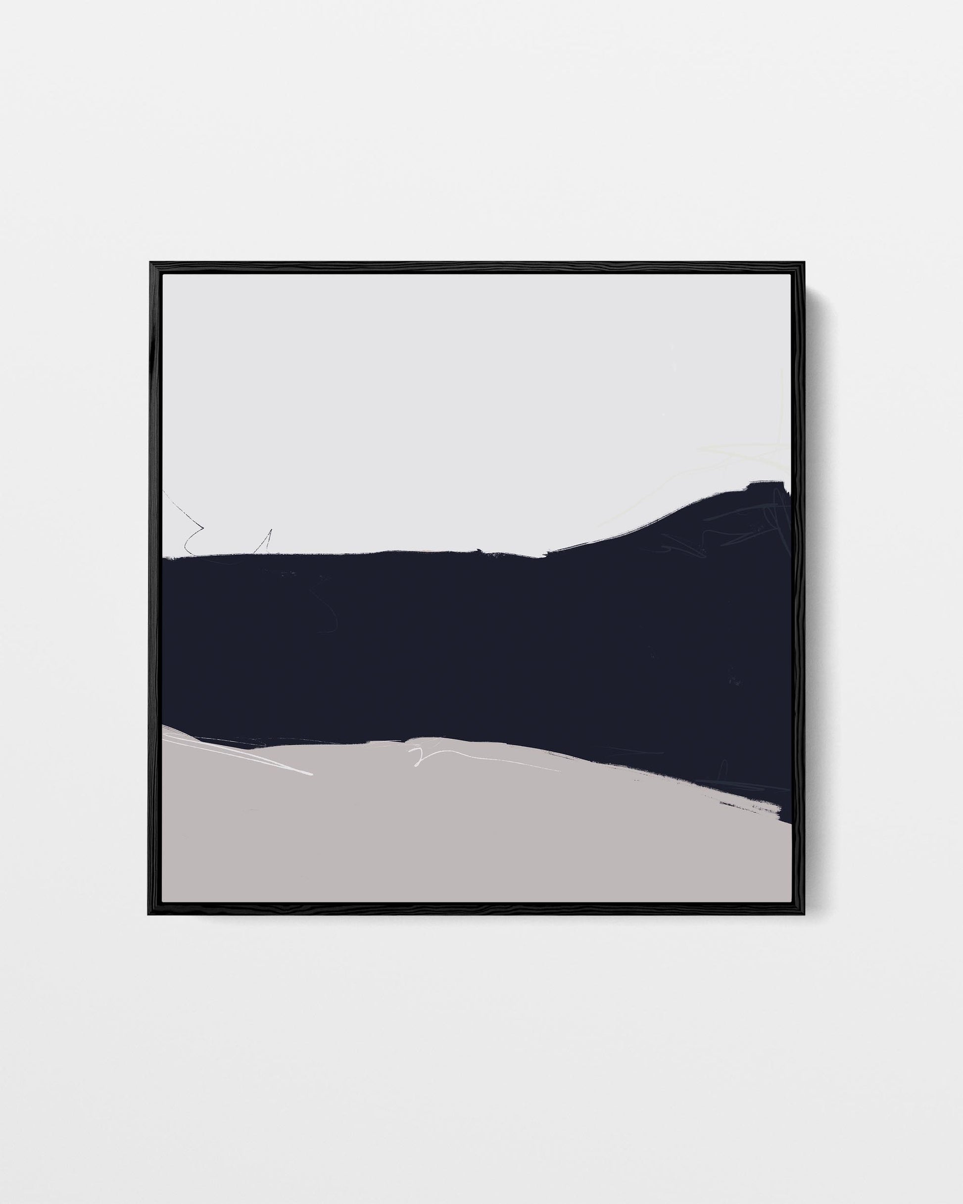 Framed abstract art piece with a dark blue and gray gradient on a white background