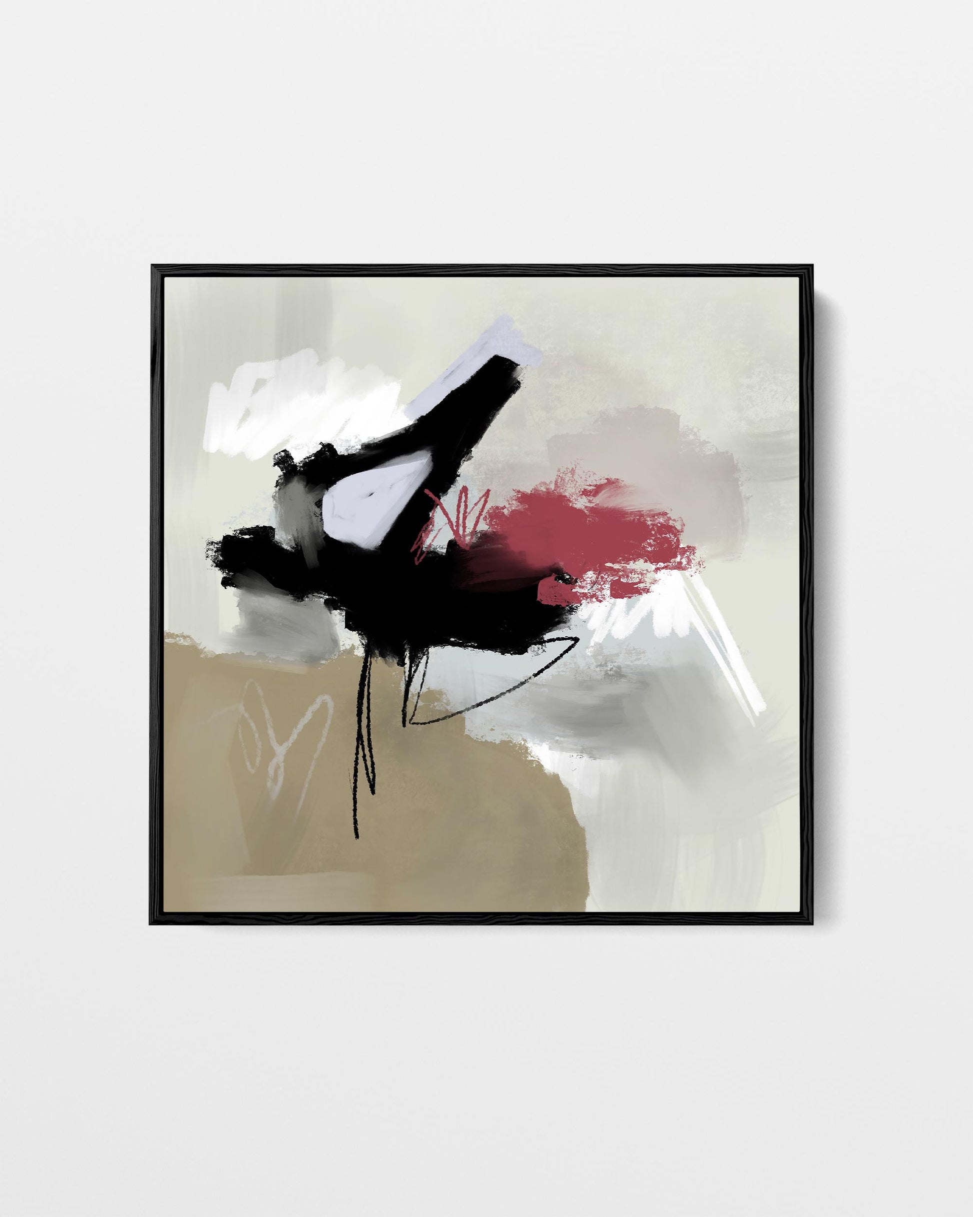 Abstract art print with black, red, and white colors on a light gray background
