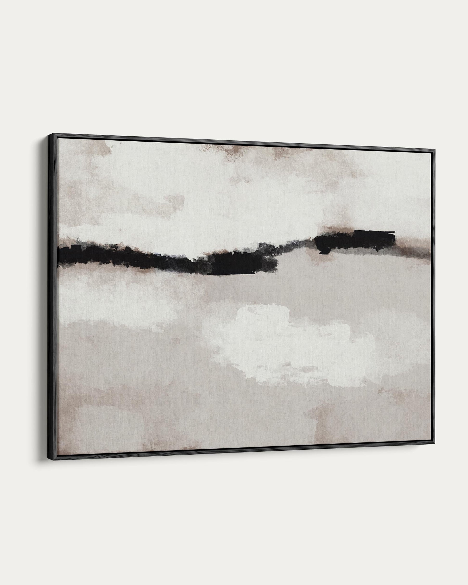 Abstract art piece with black and white brush strokes in a black frame on a white background