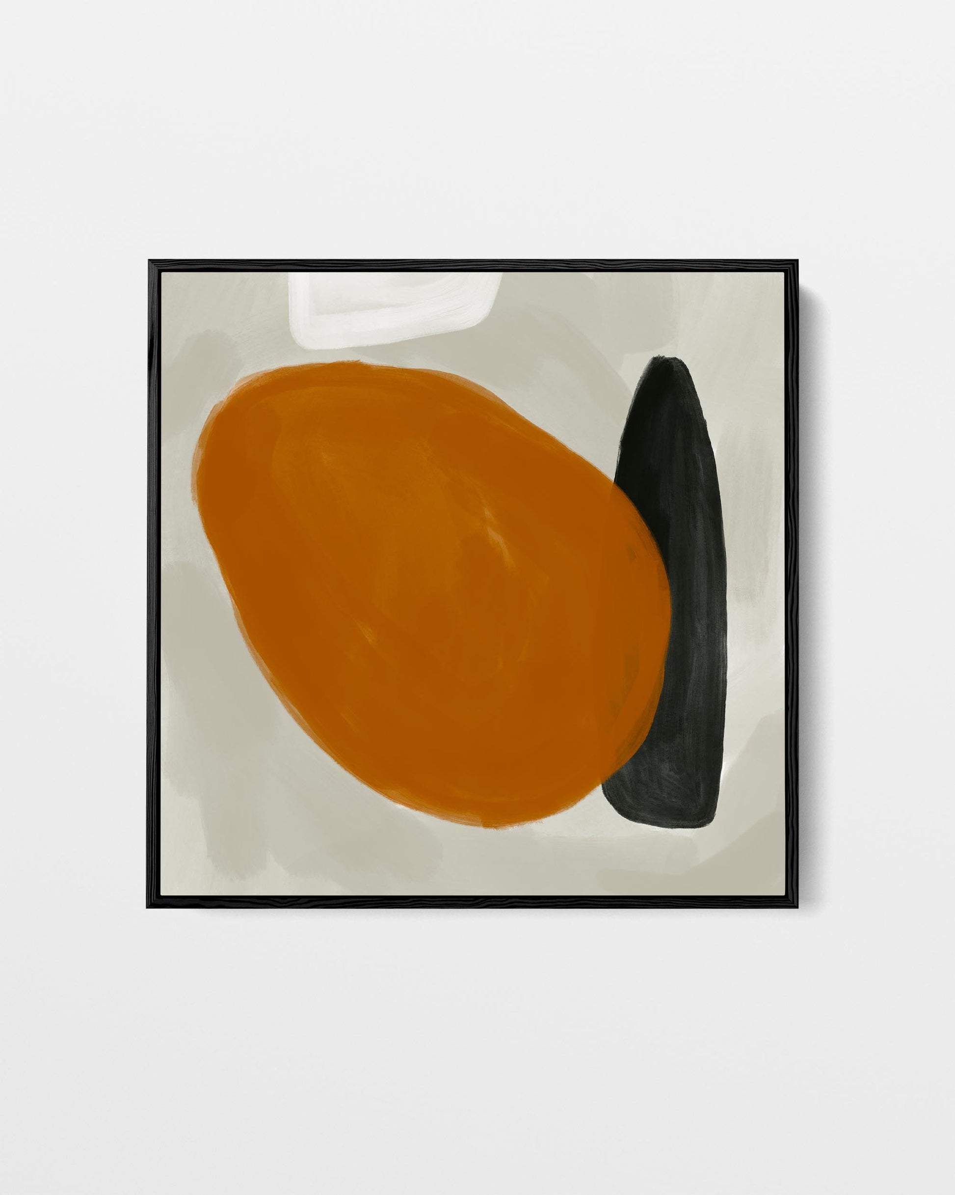 Abstract art print with orange and black shapes on a light gray background