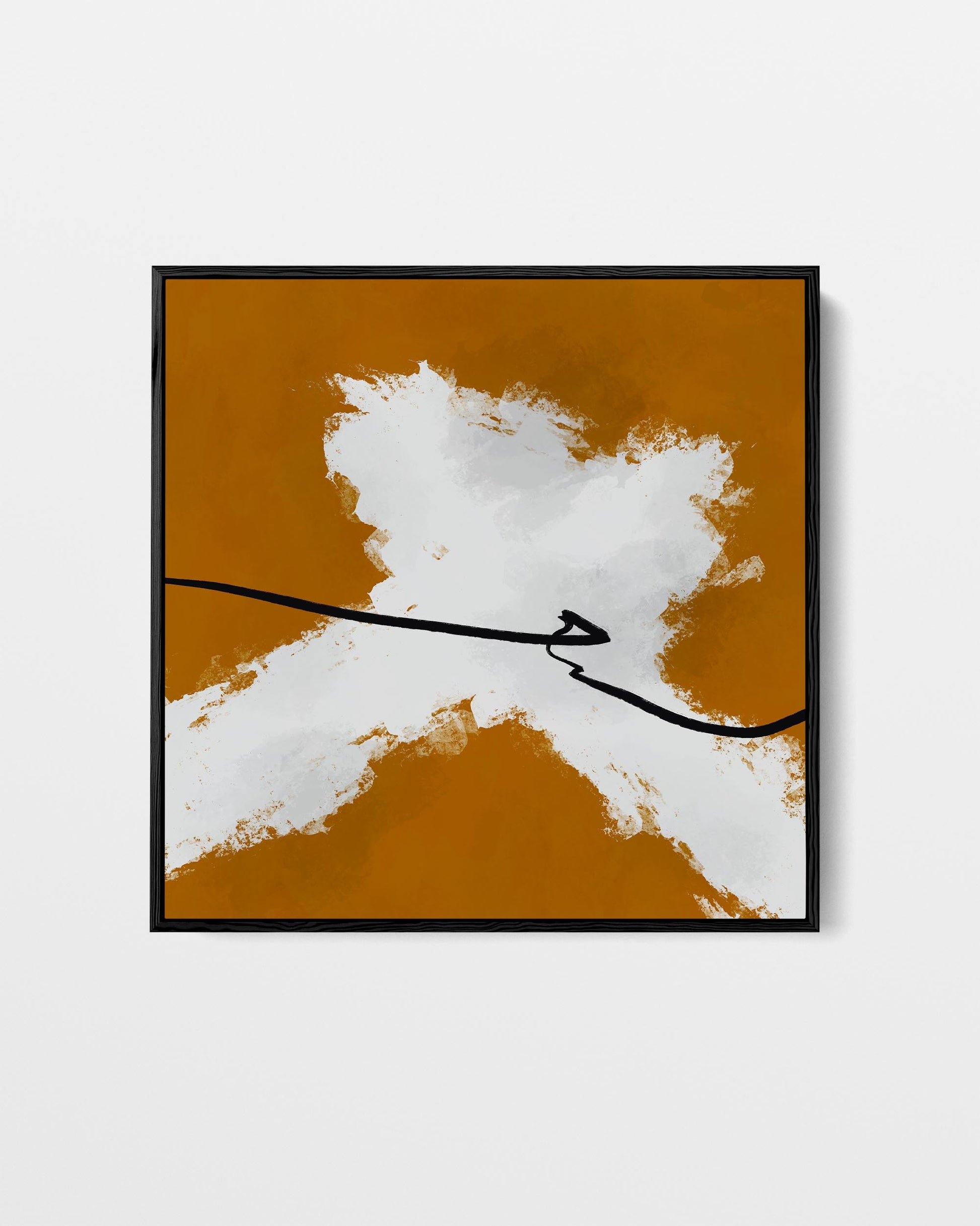 Abstract art print with white and black design on a brown background