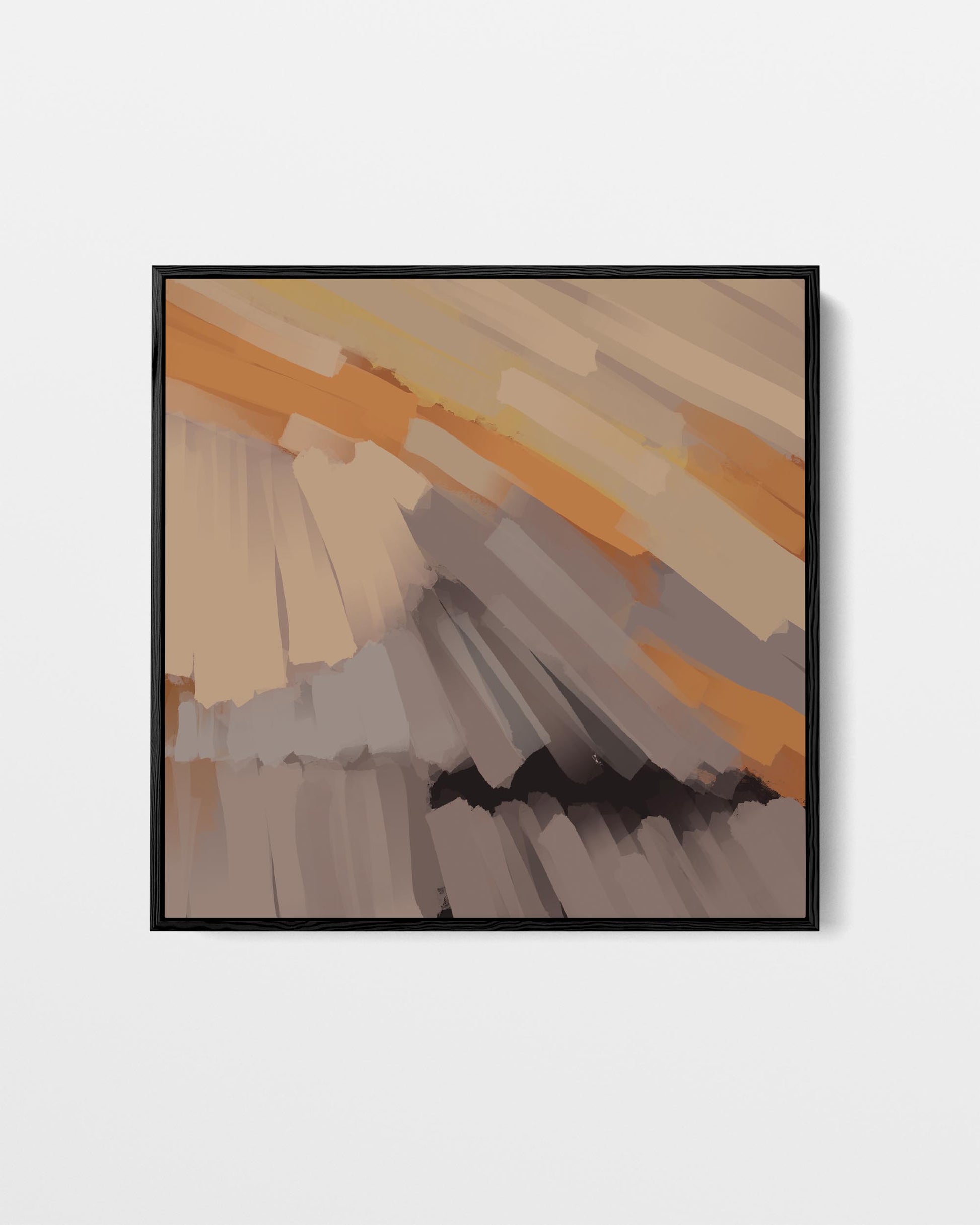 Abstract art print with geometric shapes in orange, brown, and gray on a white background