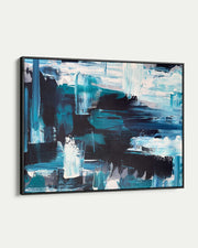 Abstract painting with blue and black strokes on a white background