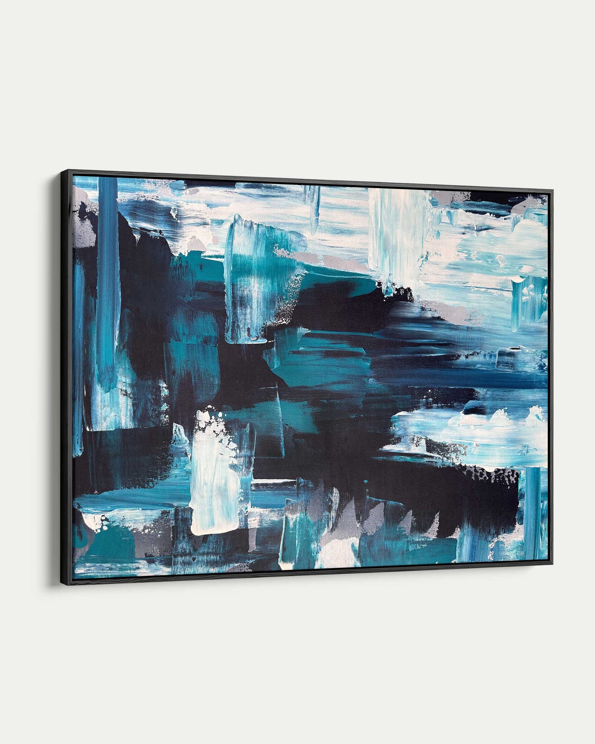 Abstract painting with blue and black strokes on a white background