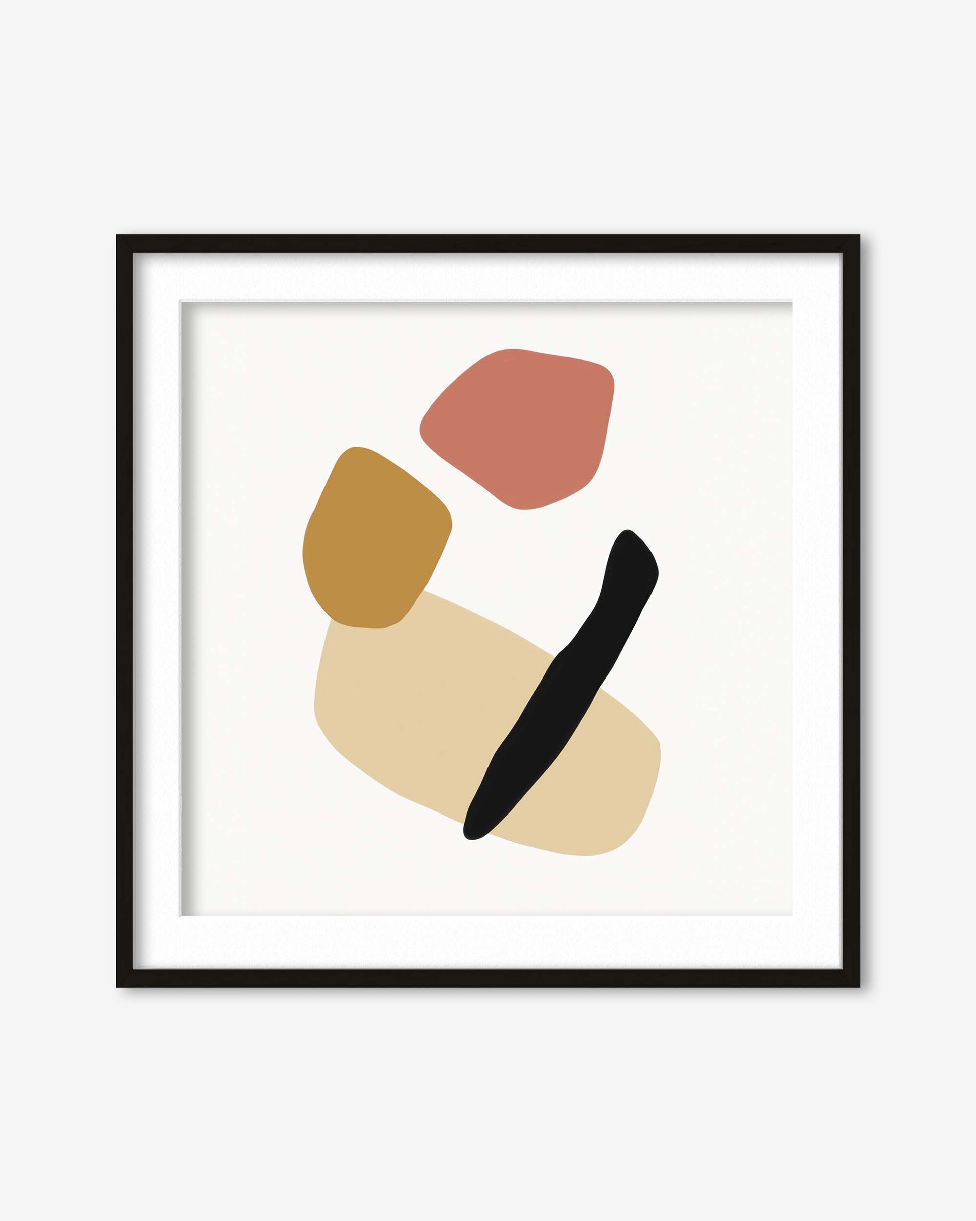 Framed abstract art print with colorful shapes on a white background