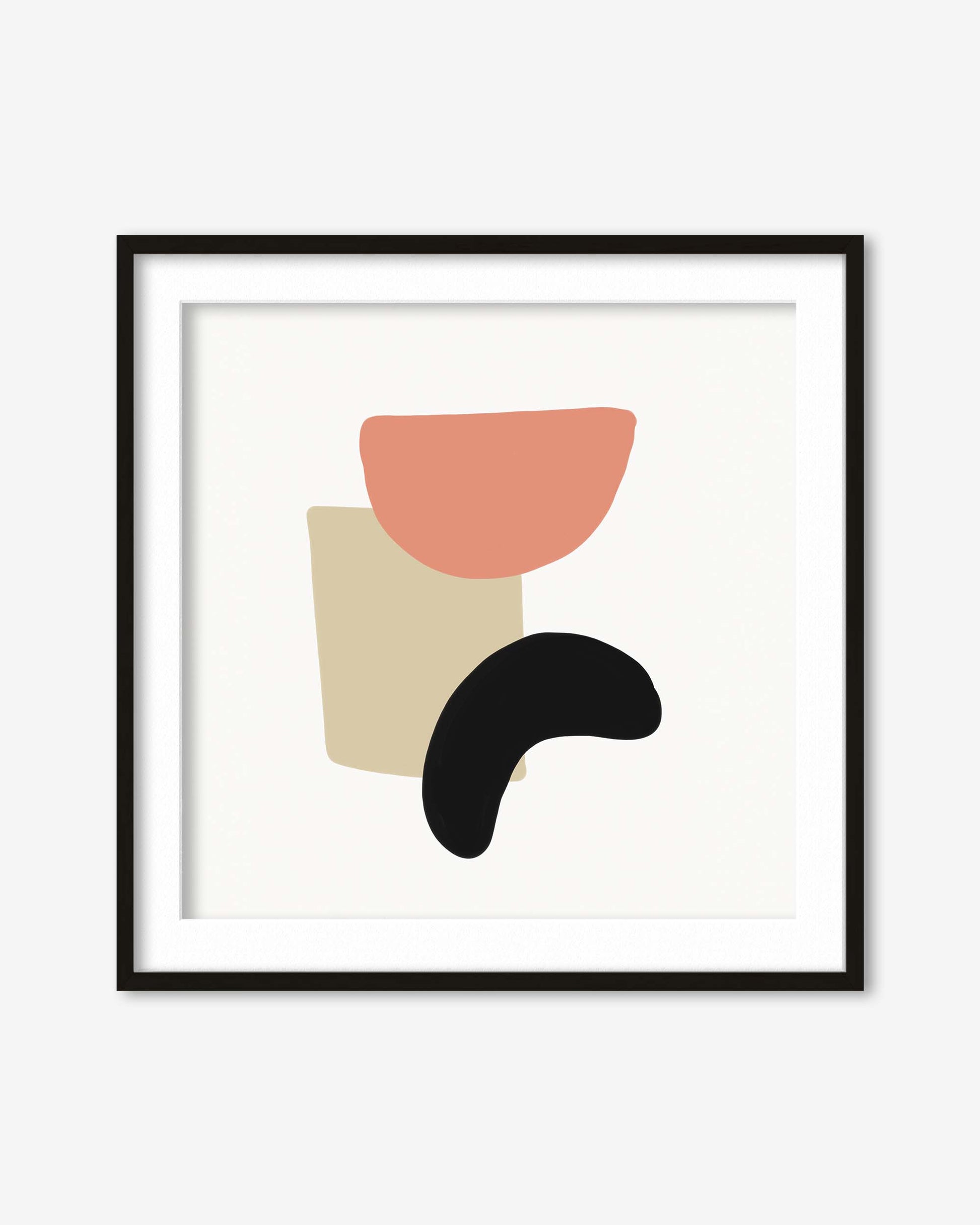 Framed abstract art print with geometric shapes on a white background