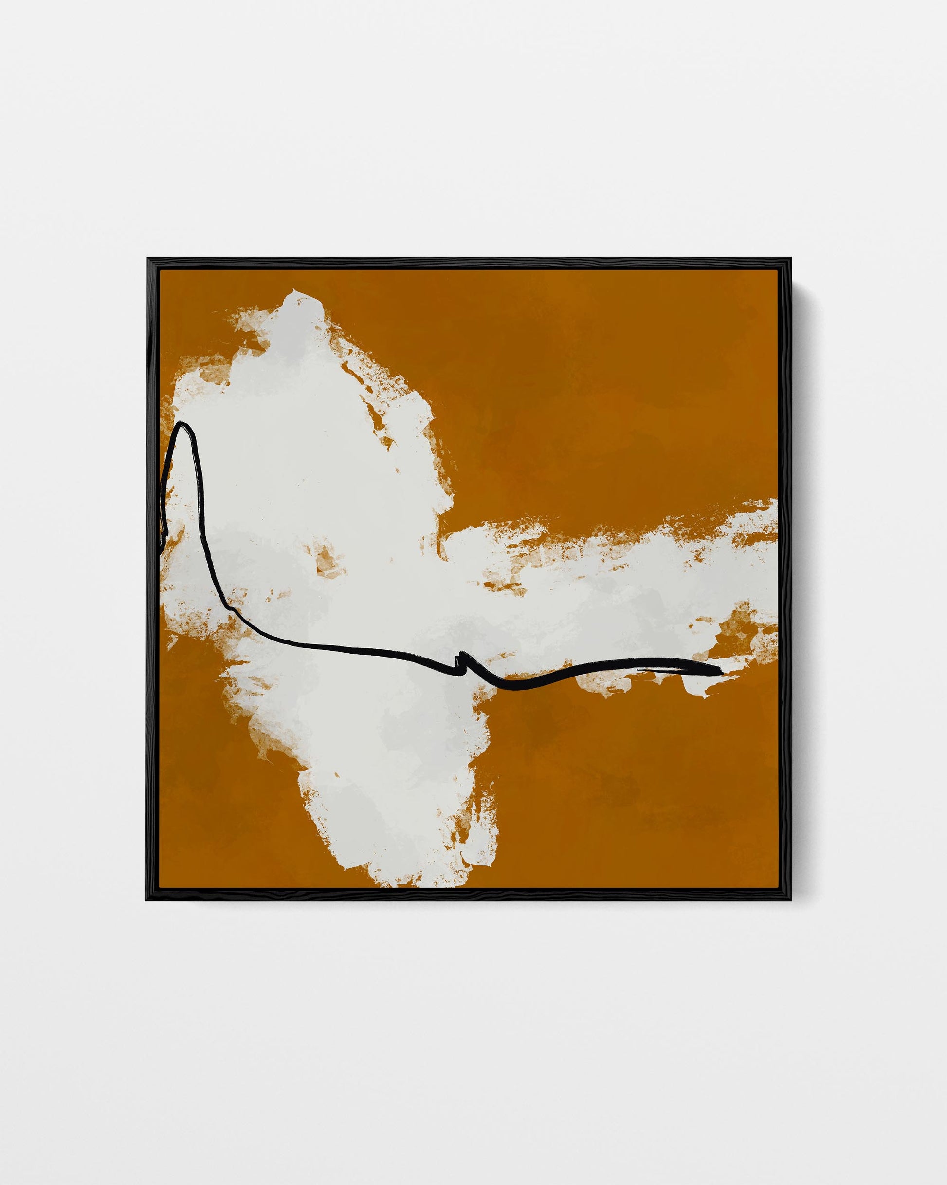 Abstract art print with a black line and white shapes on a brown background, framed.