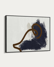 Abstract art piece with a brown curved line on a white background