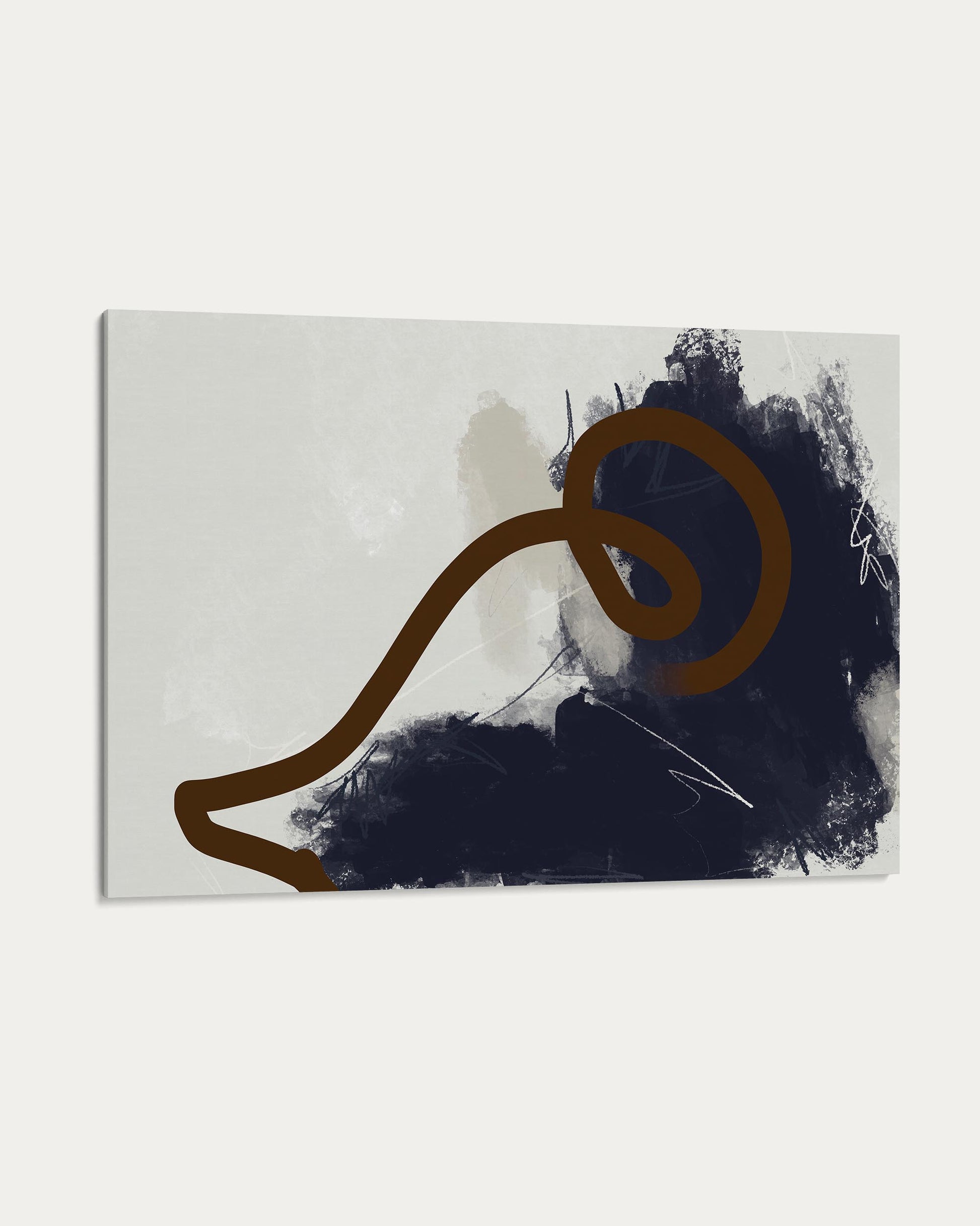 Abstract art piece with a brown curved line on a dark blue and white background
