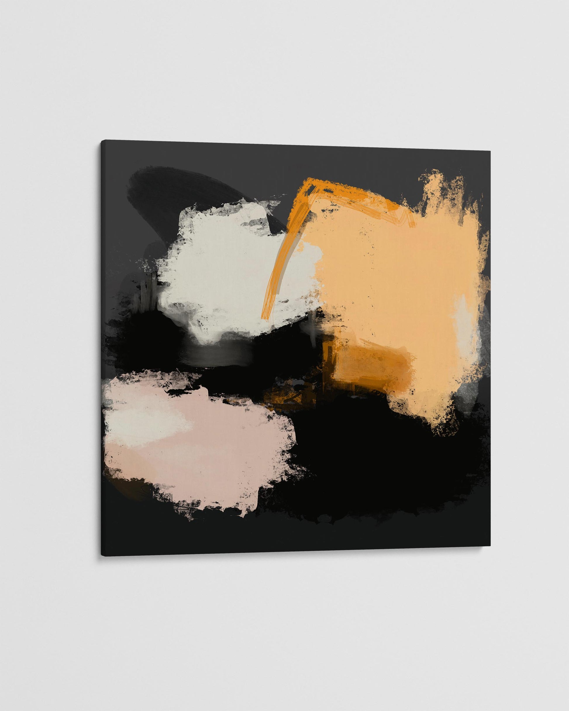 Abstract art piece with black, orange, and pink brush strokes on a gray background