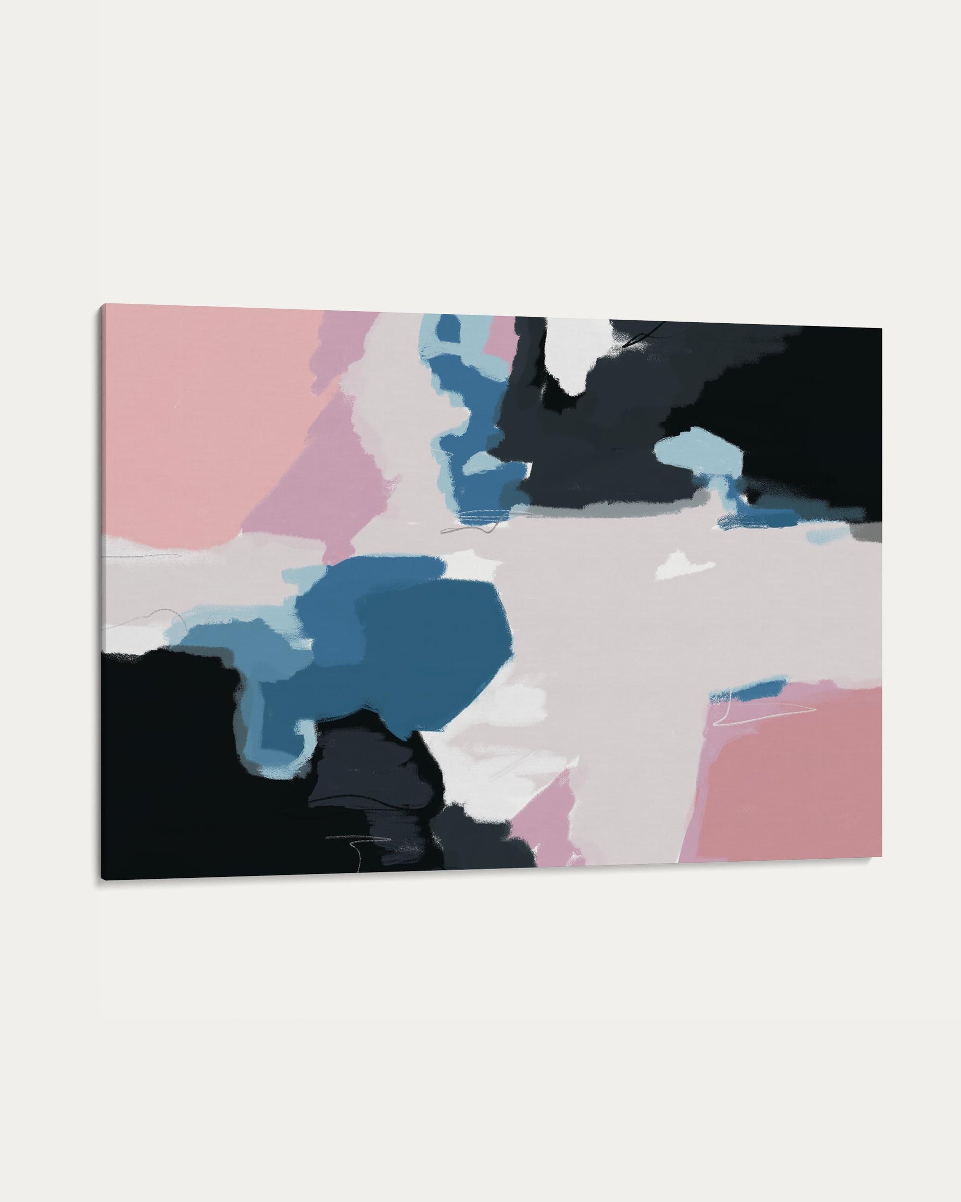 Abstract art print with blue, pink, and black abstract shapes on a white background