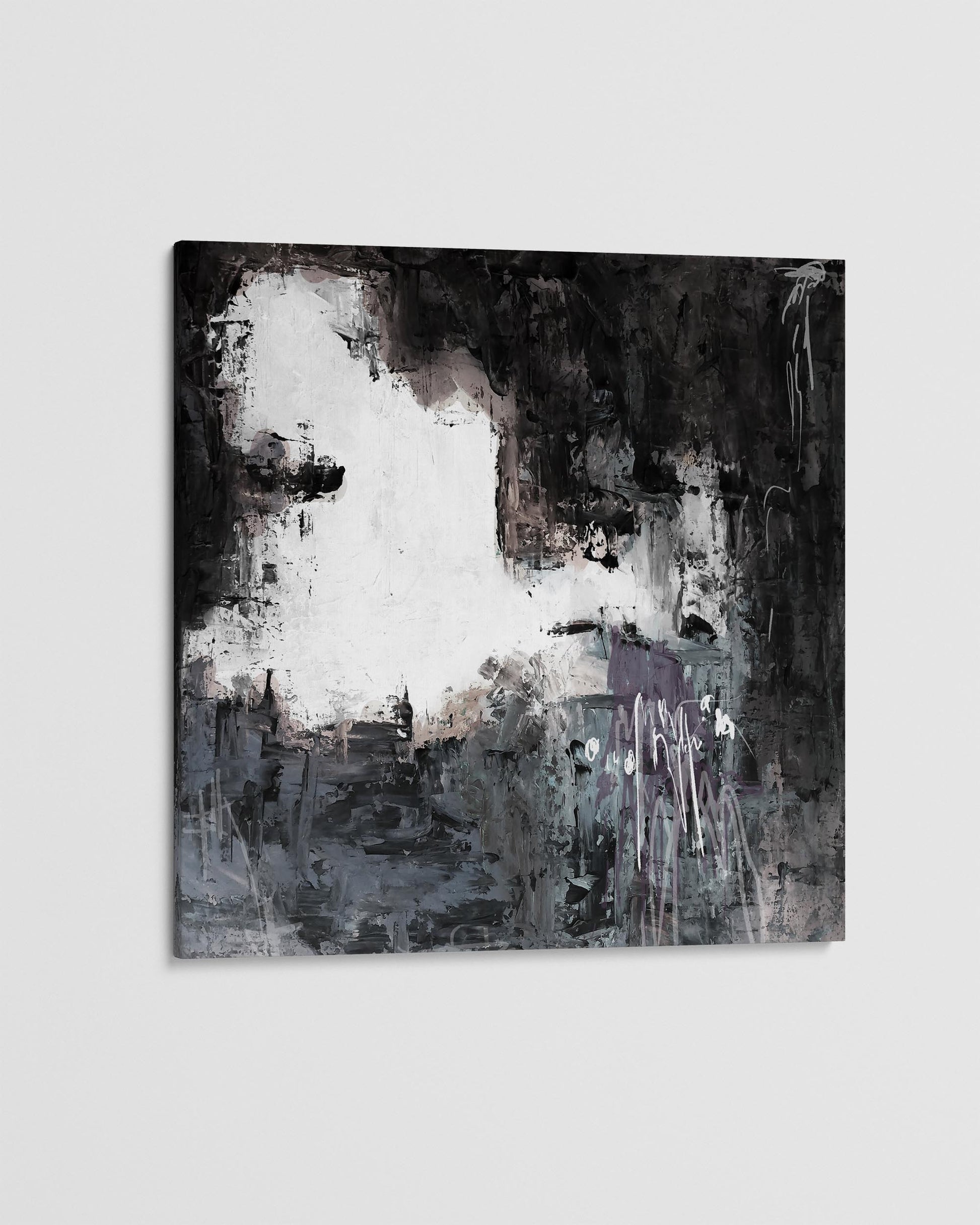 Abstract art piece with black, white, and gray tones on a light gray background