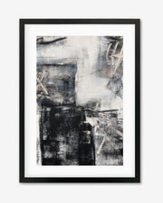A framed art print featuring an abstract design with a black and white palette, accented with light gold and beige.