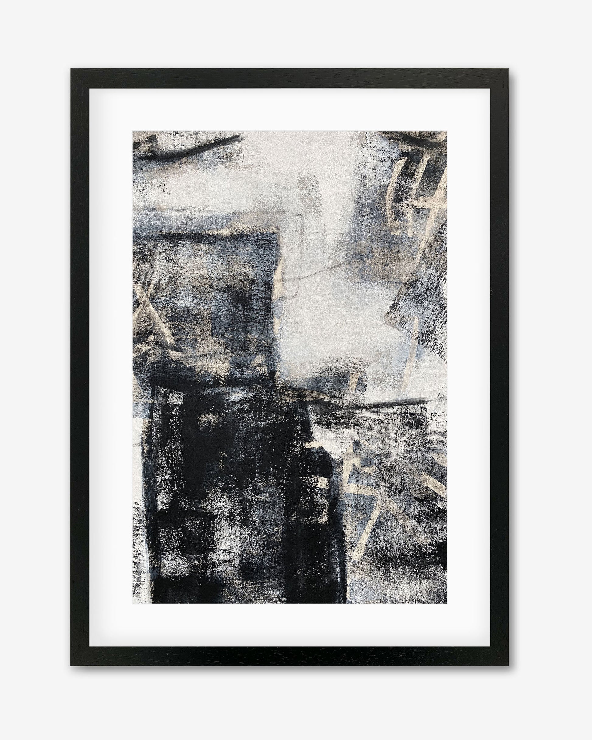 A framed art print featuring an abstract design with a black and white palette, accented with light gold and beige.