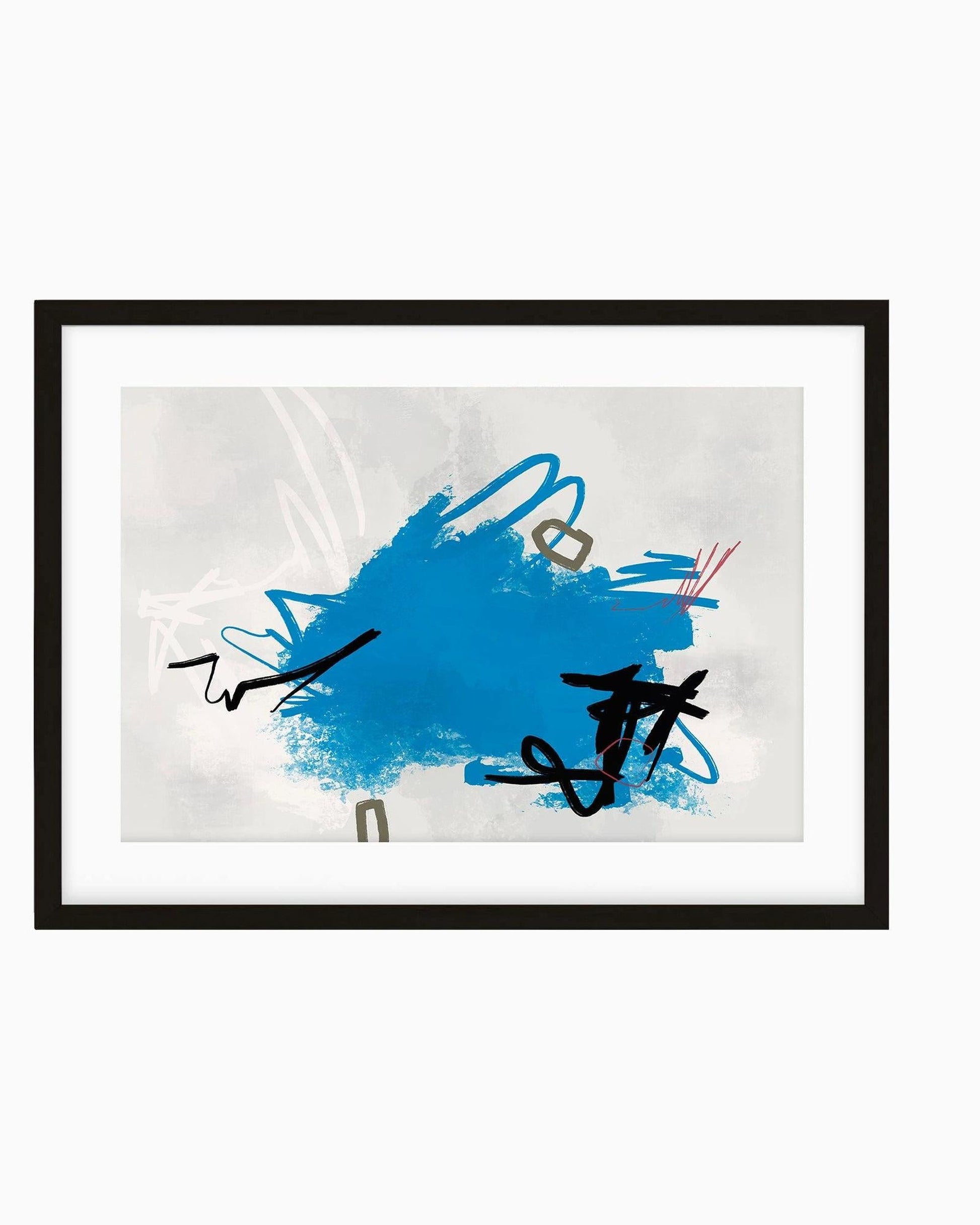 Framed abstract art with blue and black brush strokes on a white background