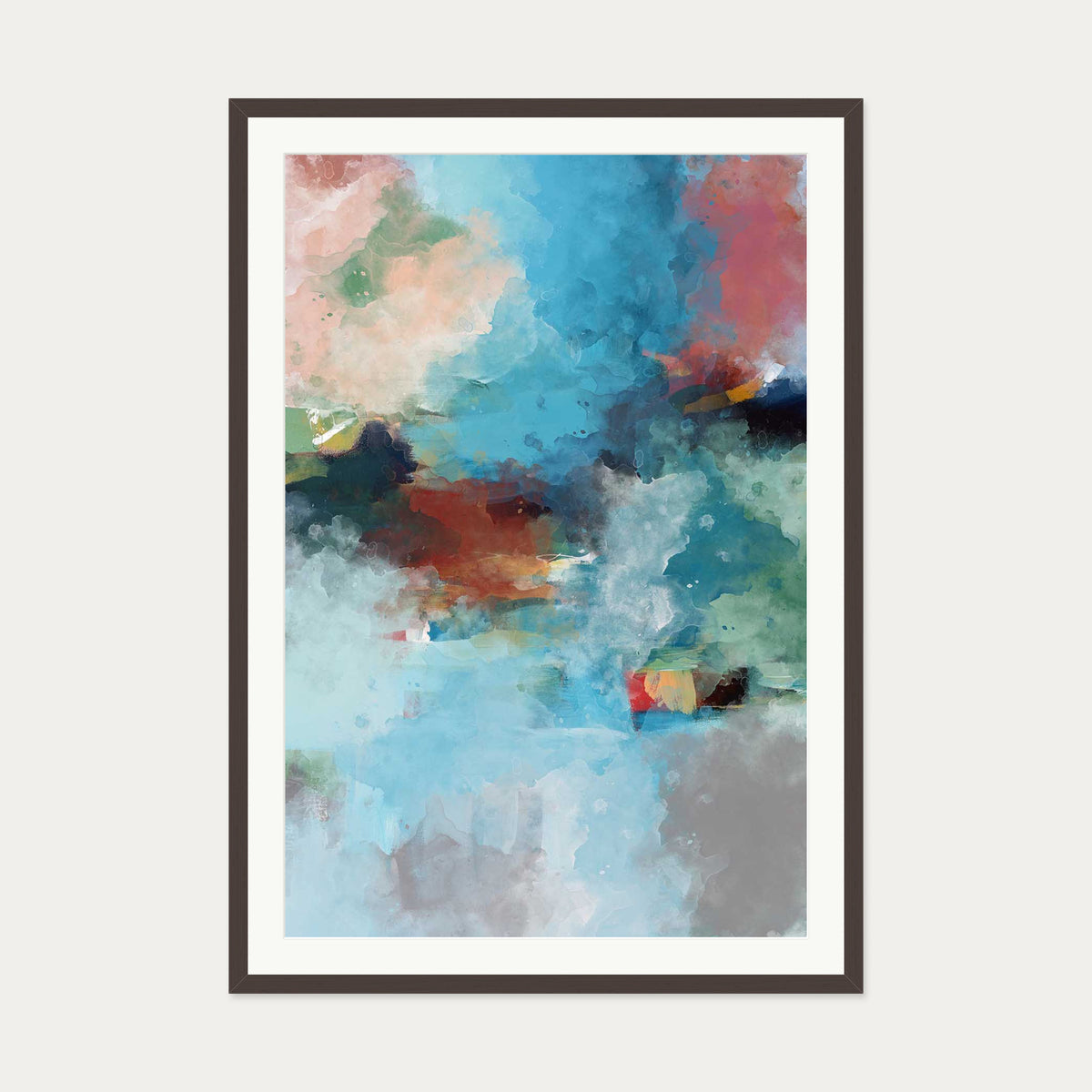 Blue Abstract Clouds Art Print — 70 x 100 cm — Brown Frame