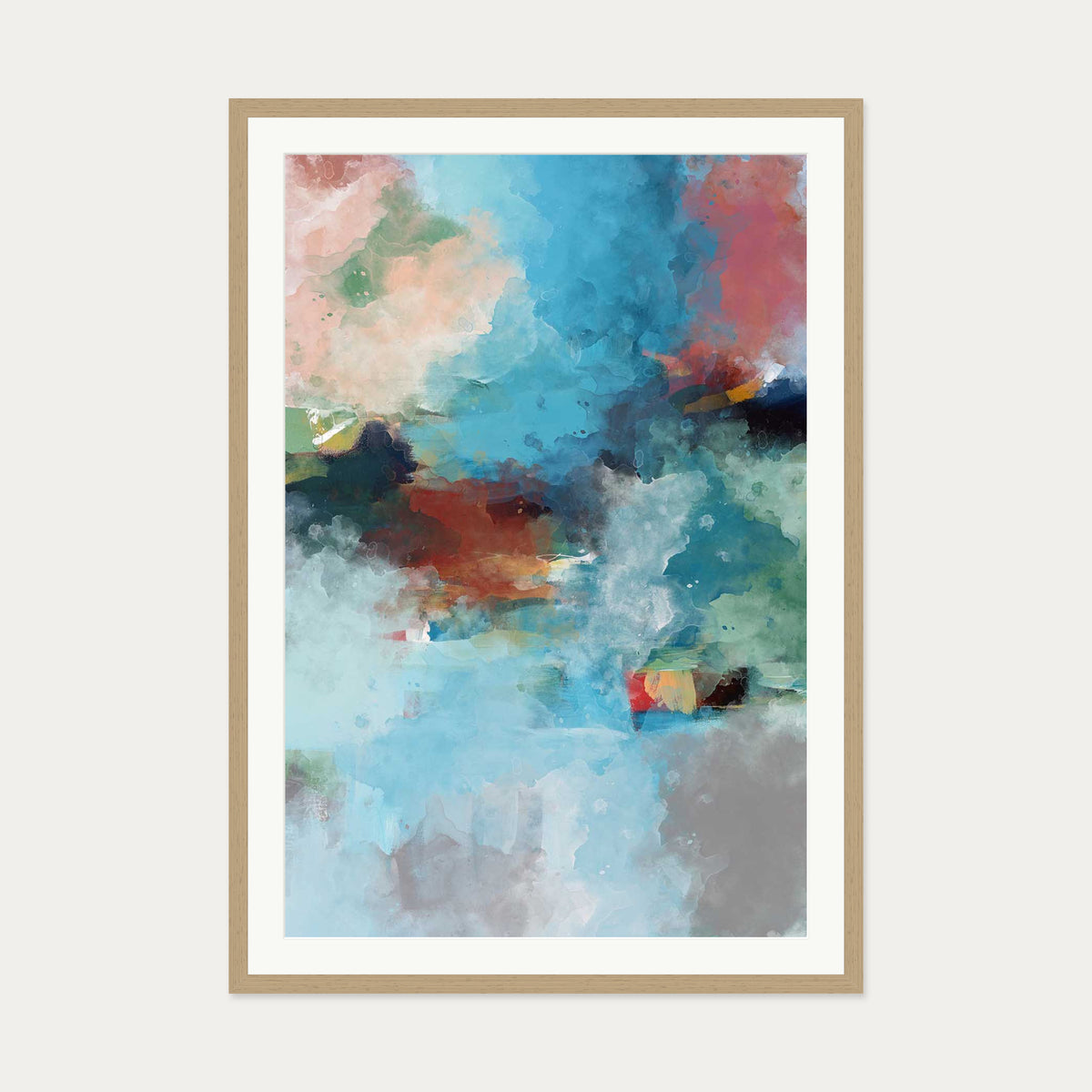 Blue Abstract Clouds Art Print — 70 x 100 cm — Oak Frame