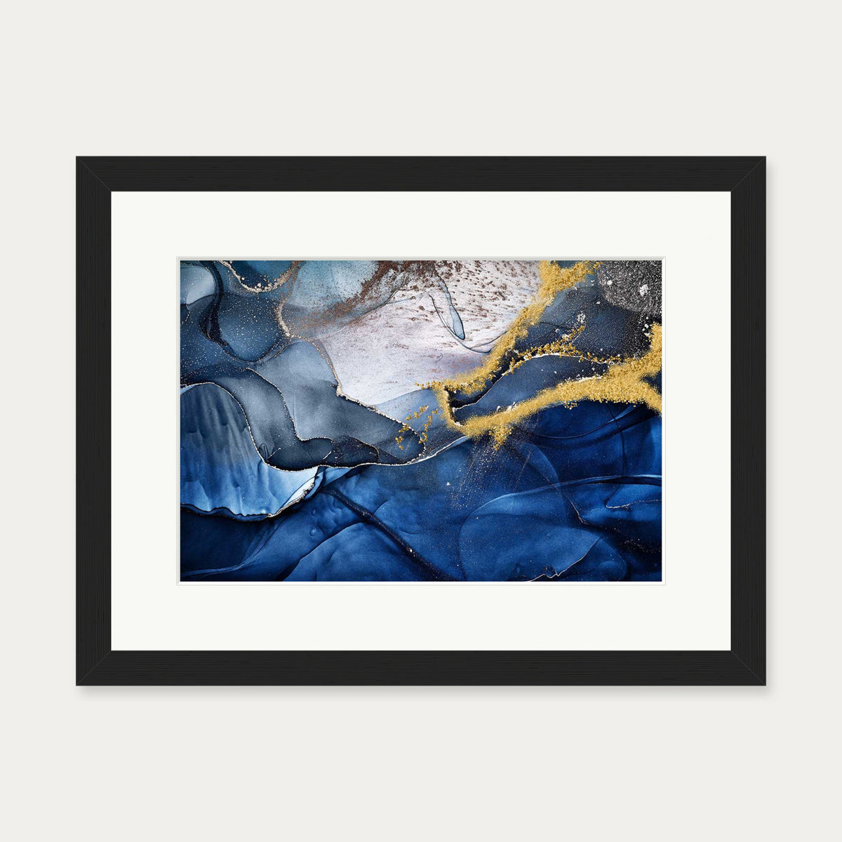 Blue Abstract Liquid Gold Art Print — 30 x 40 cm — Black Frame