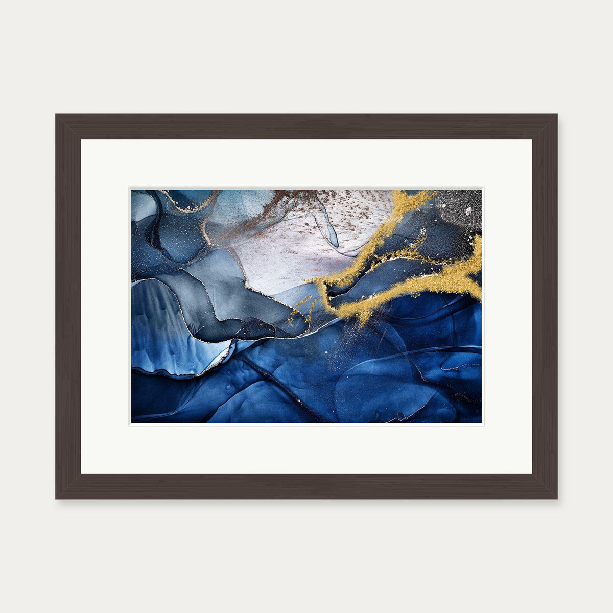 Blue Abstract Liquid Gold Art Print — 30 x 40 cm — Brown Frame