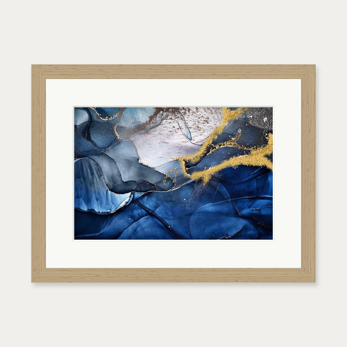 Blue Abstract Liquid Gold Art Print — 30 x 40 cm — Oak Frame