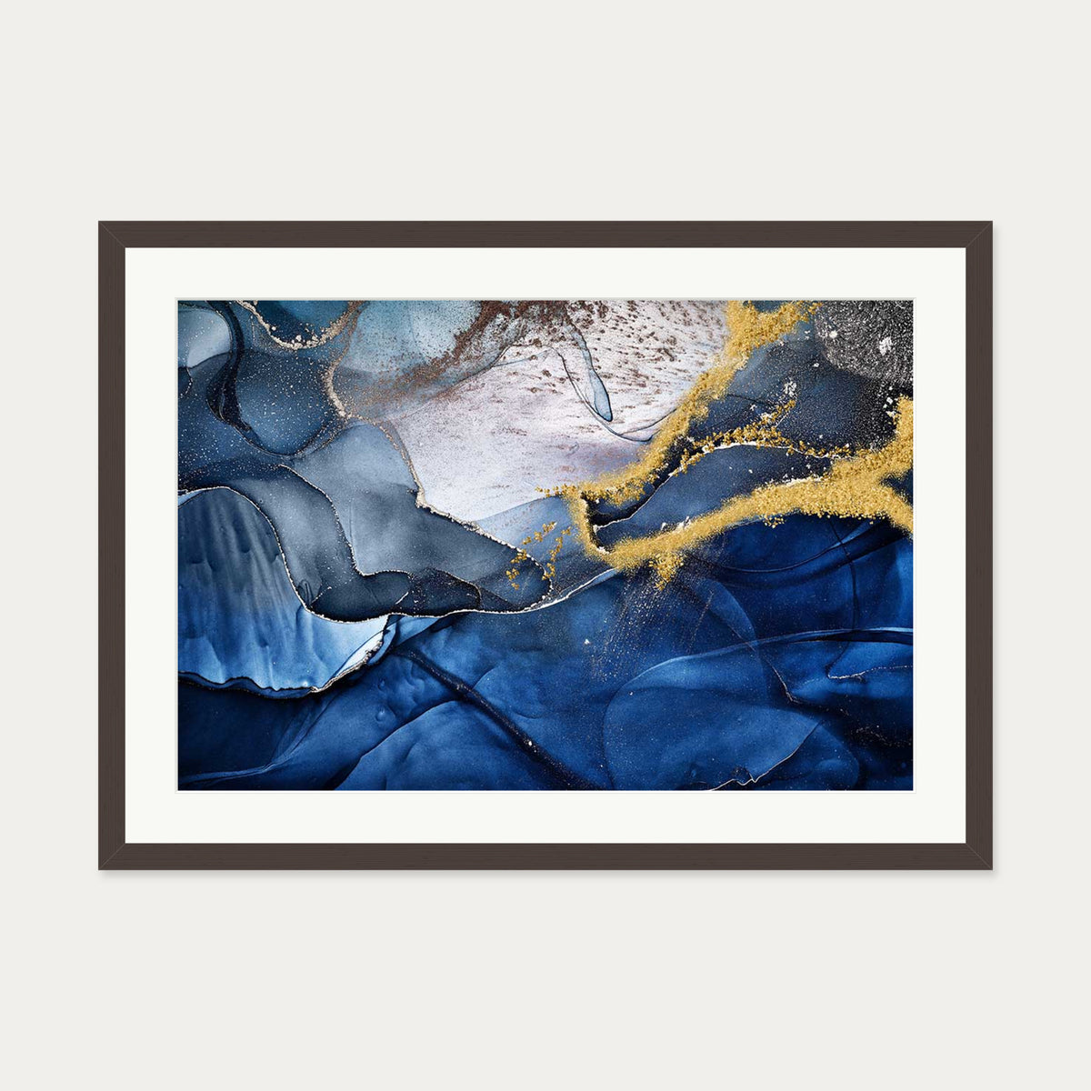 Blue Abstract Liquid Gold Art Print — 50 x 70 cm — Brown Frame
