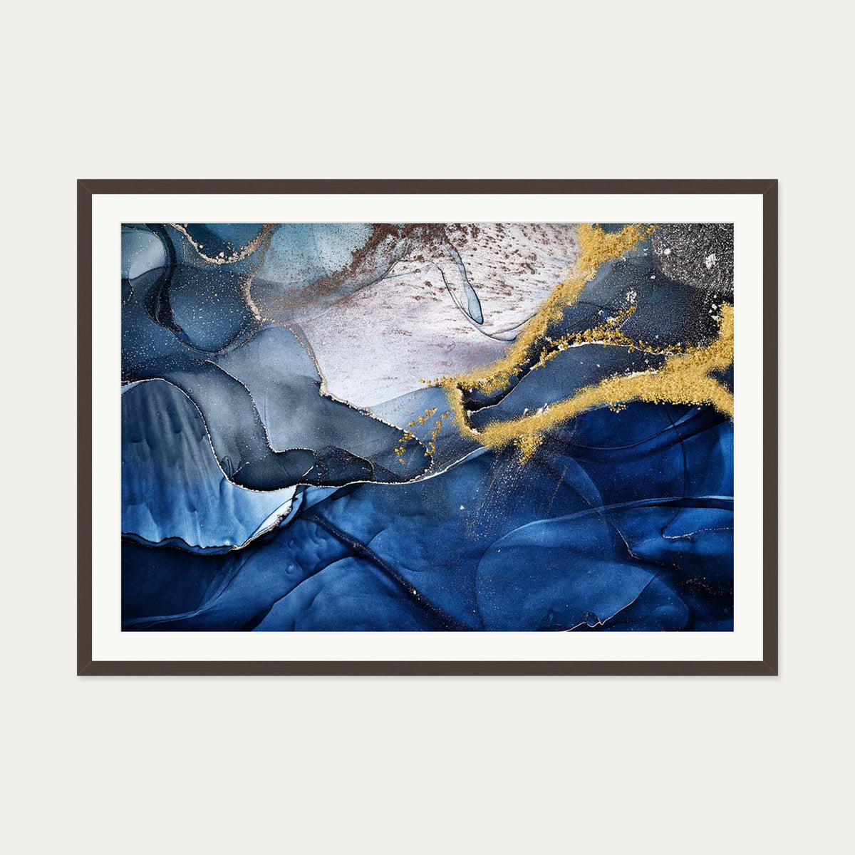Blue Abstract Liquid Gold Art Print — 70 x 100 cm — Brown Frame