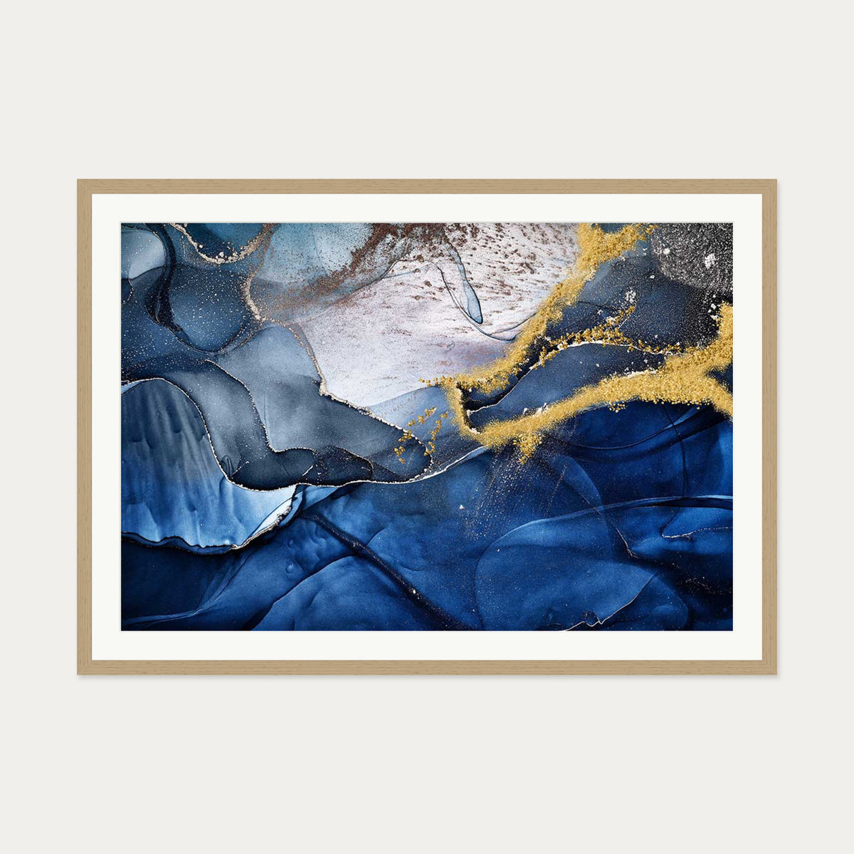 Blue Abstract Liquid Gold Art Print — 70 x 100 cm — Oak Frame