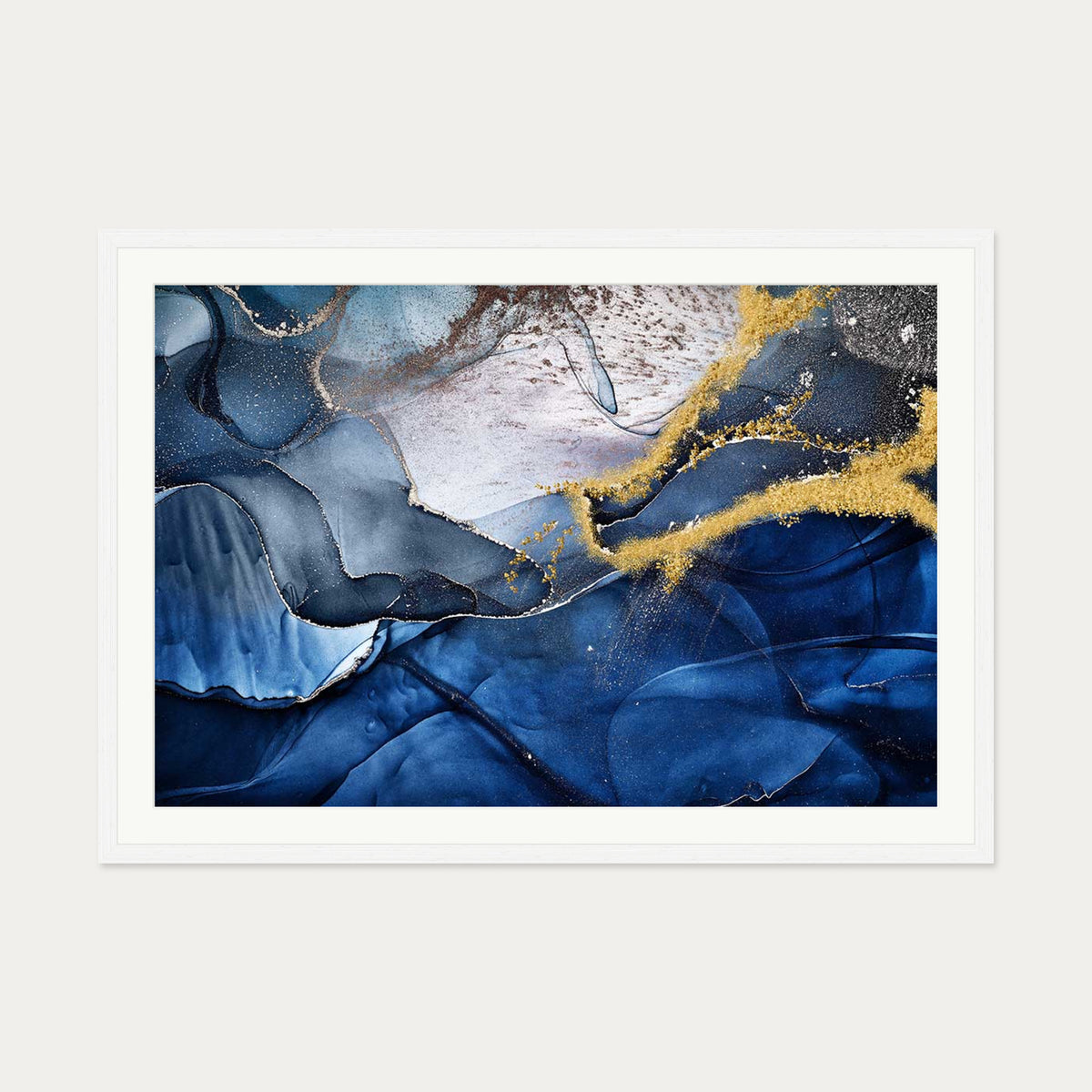 Blue Abstract Liquid Gold Art Print — 70 x 100 cm — White Frame