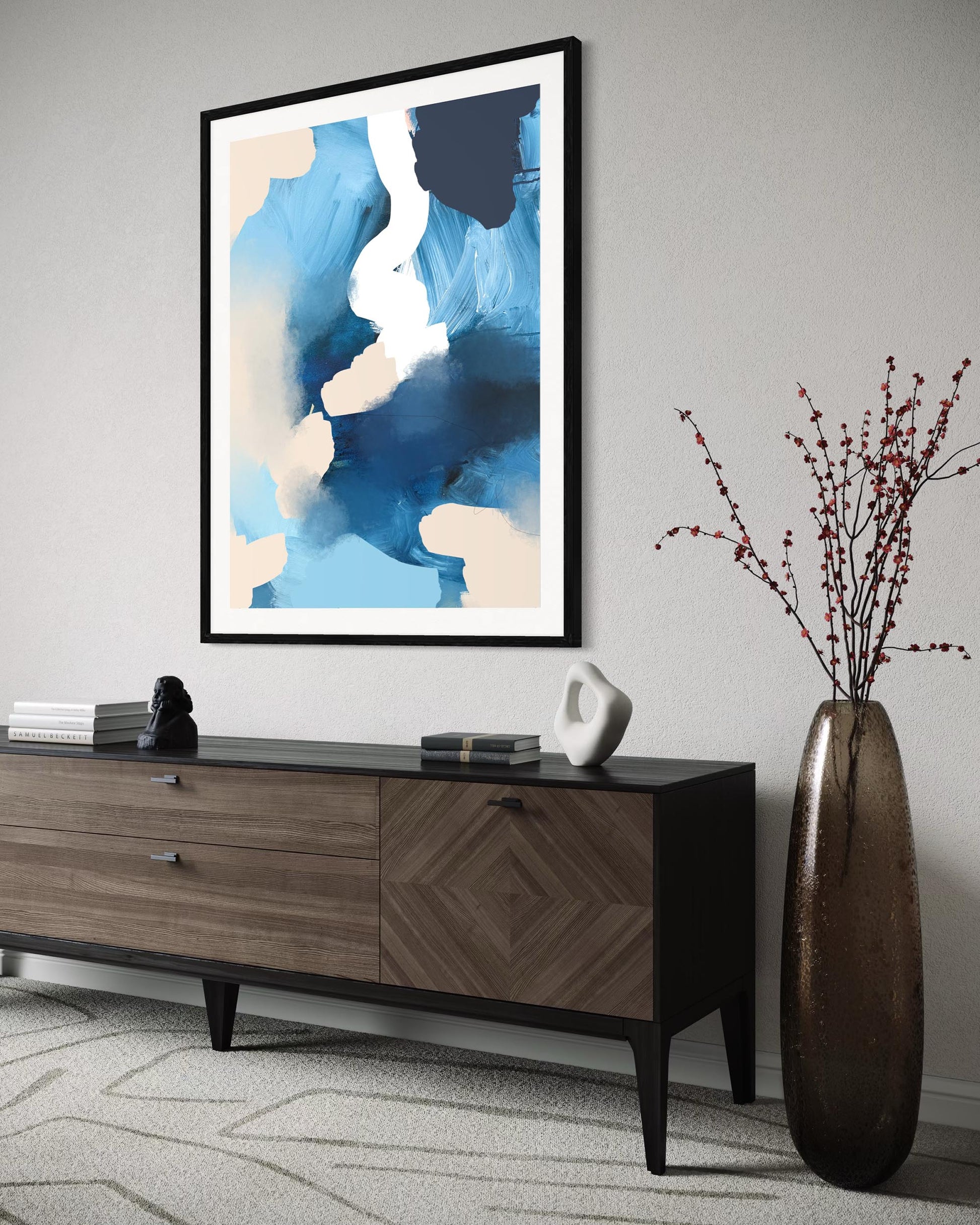 Modern living room with abstract art, wooden console table, and decorative vase.