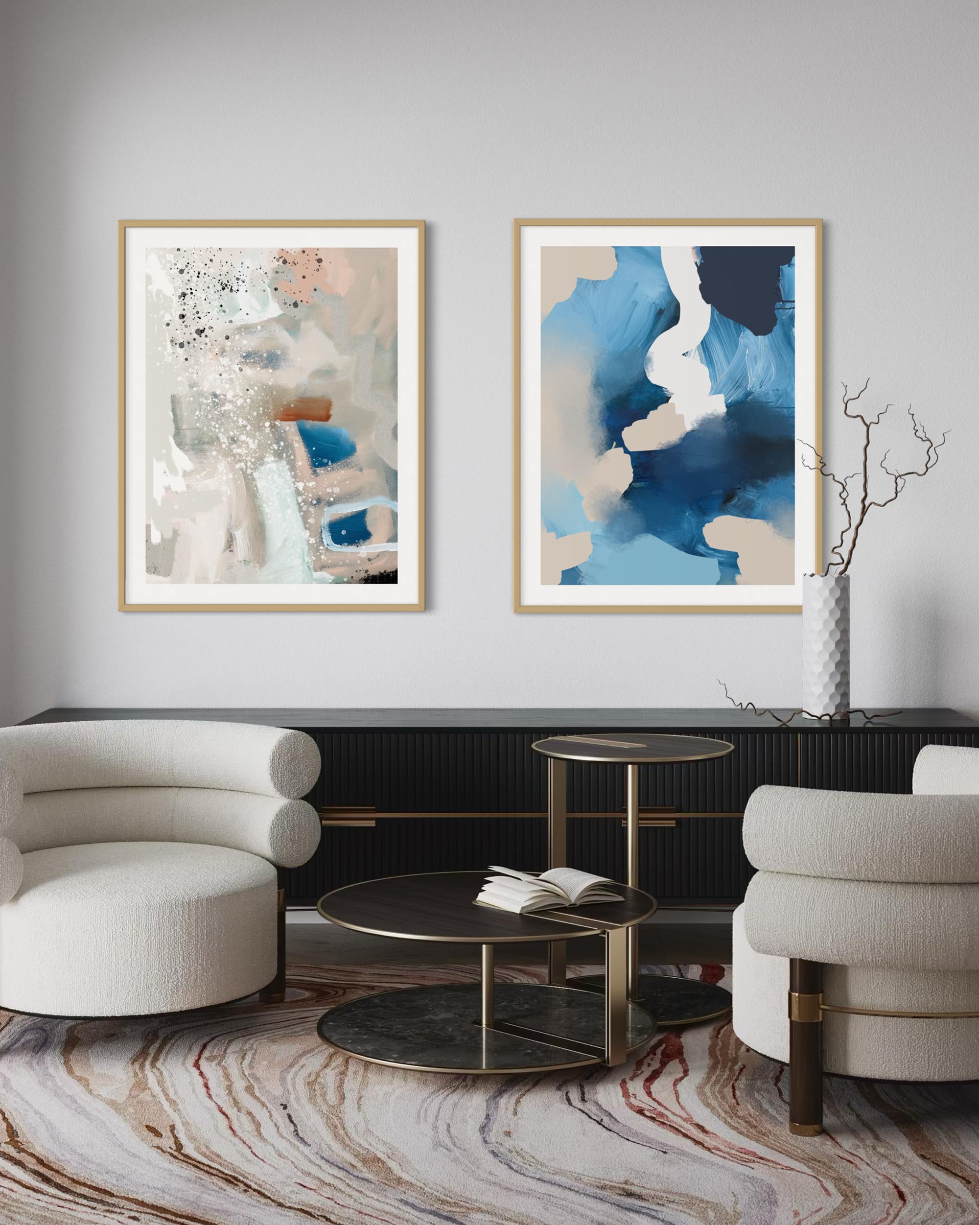 Modern living room with abstract art on the wall and stylish furniture.
