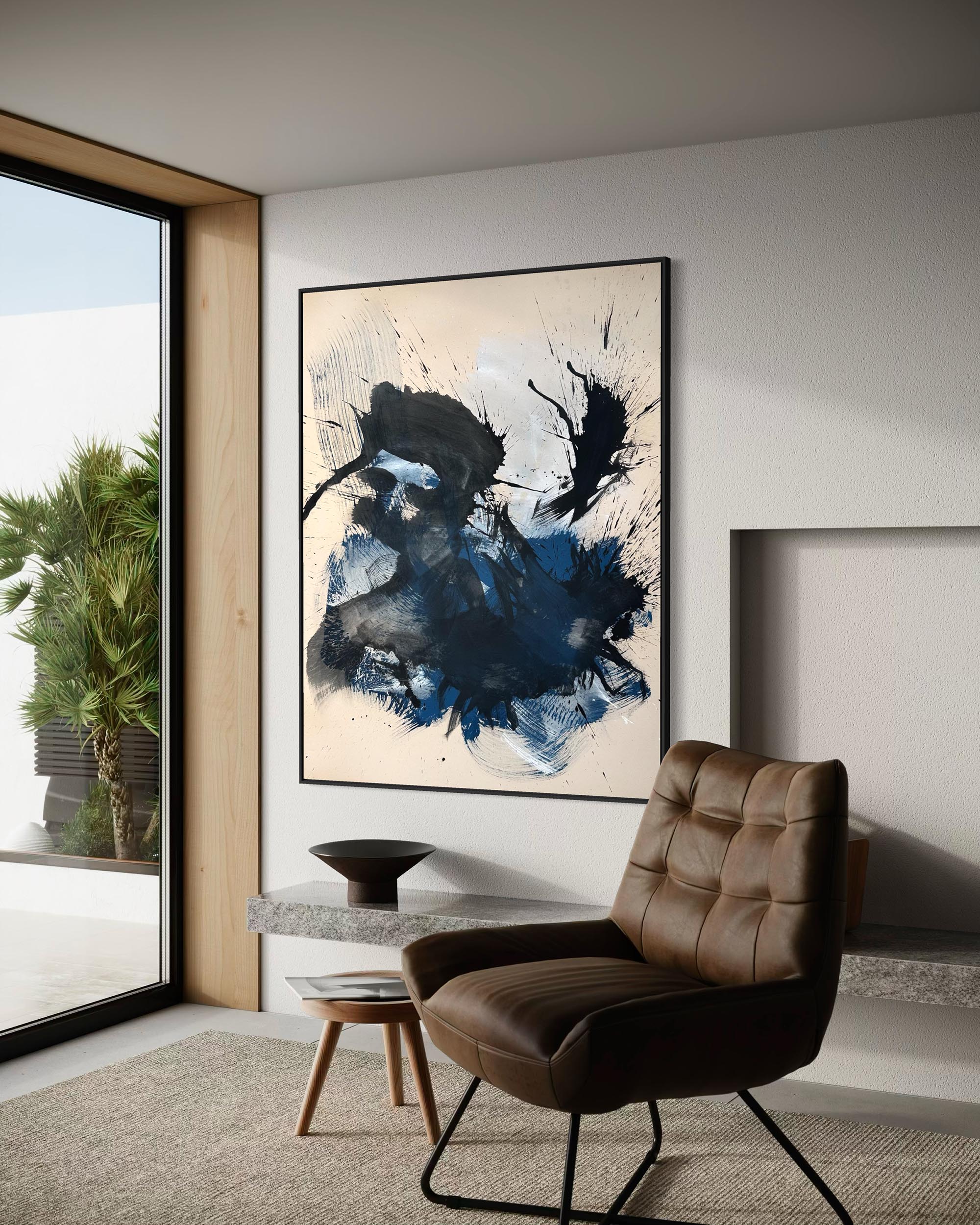 Modern interior with abstract art and brown chair