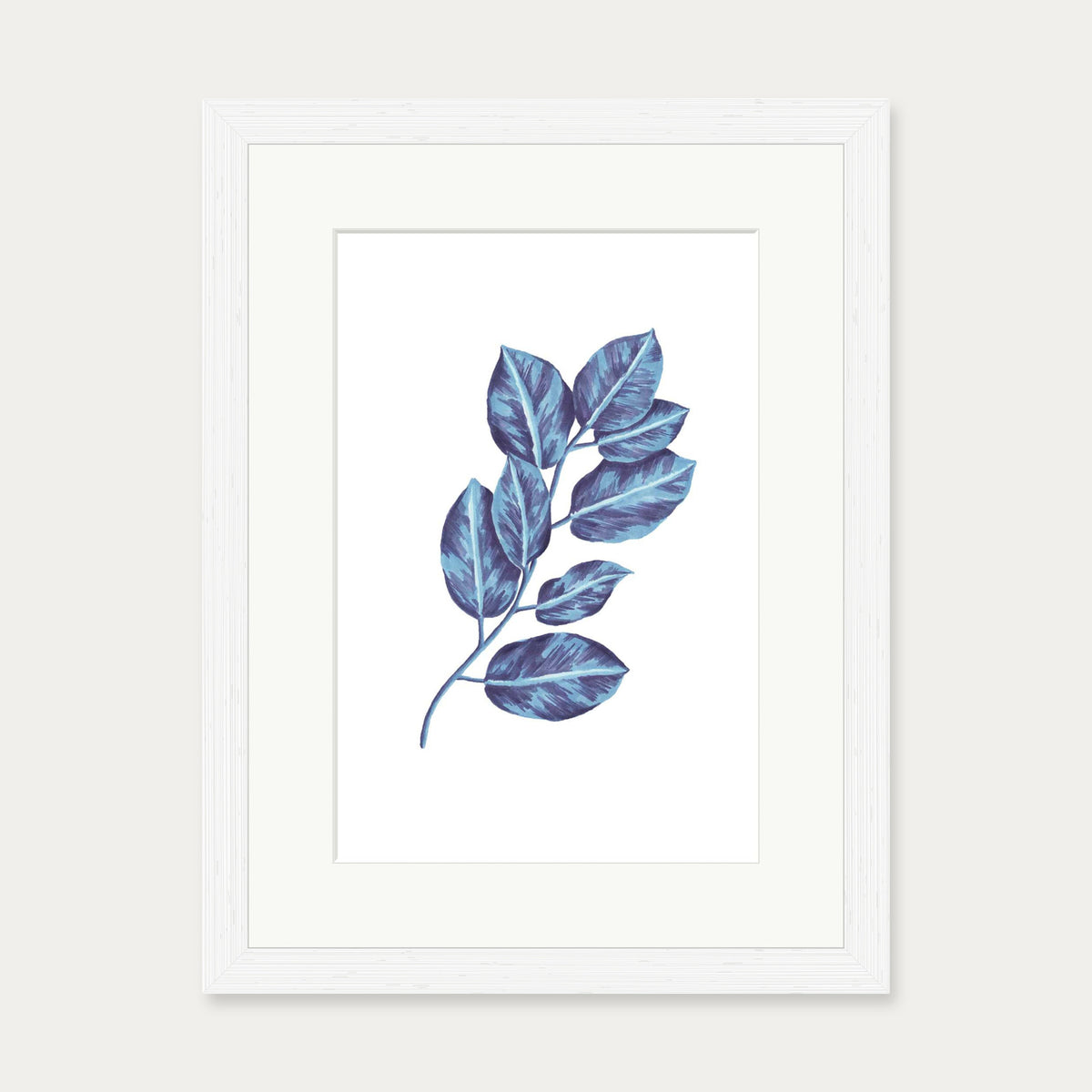 Blue Botanical Leaves Art Print — 30 x 40 cm — White Frame