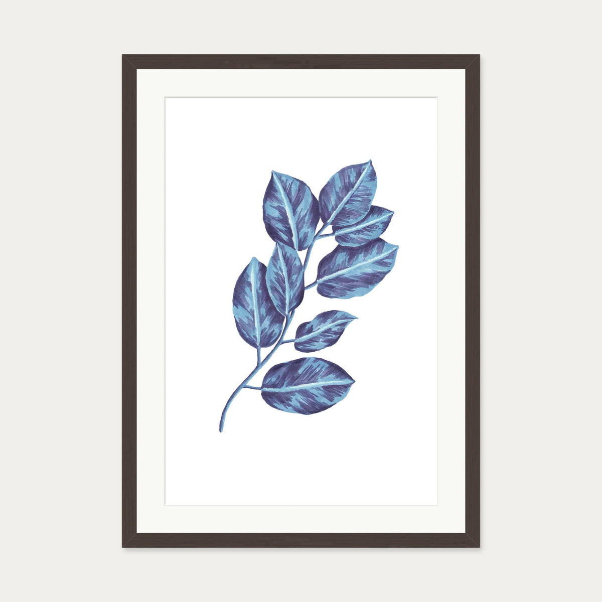 Blue Botanical Leaves Art Print — 50 x 70 cm — Brown Frame